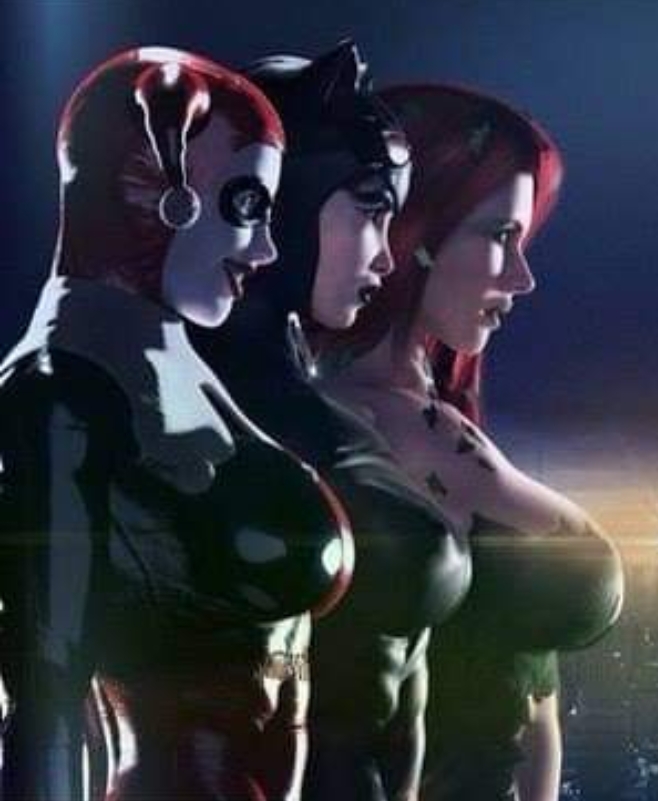 3girls ai_generated artist_request batman_(series) big_breasts bodysuit catwoman dc dc_comics female female_only gotham_city_sirens harley_quinn harley_quinn_(classic) multiple_girls poison_ivy red_hair sun_glare villain villainess