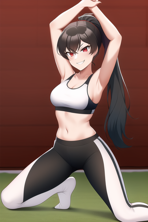 1girls, ai generated, black hair, bleiss schnee, female, female only, fully clothed, long hair, nai diffusion, red eyes, rwby, solo, sports bra, stable diffusion, tight clothing