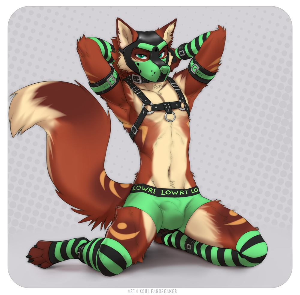 2023 4_toes anthro brown_body brown_fur clothed clothing digital_media_(artwork) digitigrade feet fur green_eyes kneeling koul male solo toes