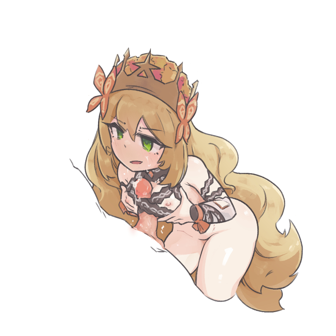 1boy, 1girls, blonde hair, breasts, celine (fire emblem), completely nude, cum, cum on breasts, cum on face, female, female focus, fire emblem, fire emblem engage, green eyes, long hair, male, naizuri, nintendo, nipples, nude, nude female, open mouth, paizuri, pflglcht, small breasts, smile, solo focus, very long hair
