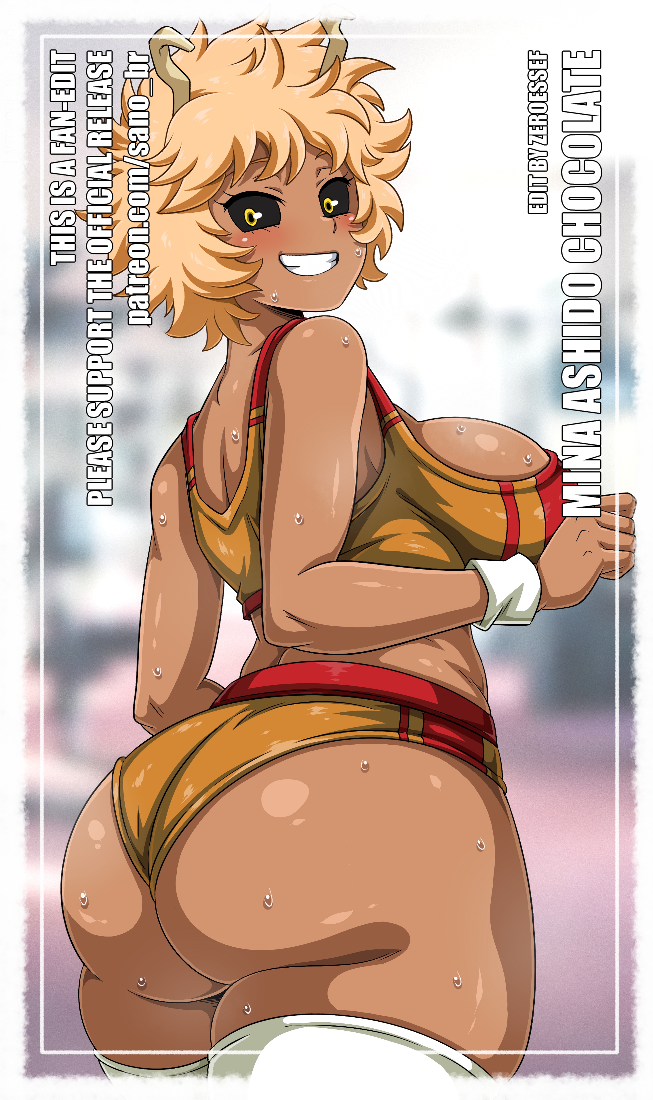 alternate skin color, ass, ass focus, back view, big ass, big breasts, big butt, black eyes, blonde hair, breasts, bubble ass, bubble butt, curvy, dark skin, dark-skinned female, edit, edited, female, gyaru, mina ashido, my hero academia, sano-br, smile, sports bra, sportswear, stockings, sweat, sweatdrop, sweaty body, text, workout, workout clothes