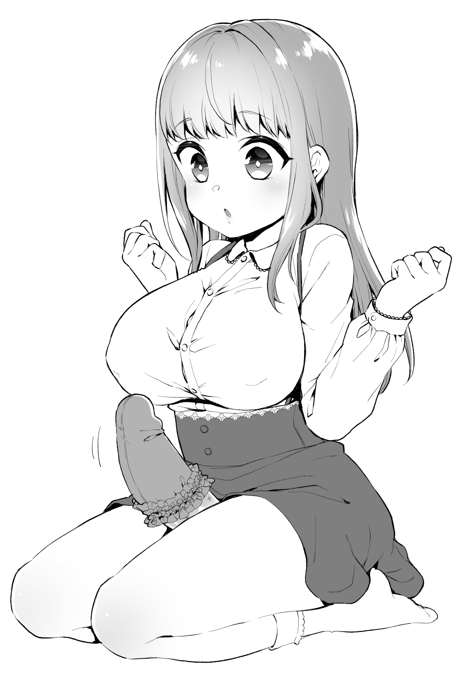 1futa bangs big_breasts big_penis binbinsuke breasts clothed clothing cock_sleeve cock_sleeve_(clothes) erection futa_only futanari genitalwear greyscale human kneeling light-skinned_futanari light_skin long_hair monochrome mostly_clothed penis sitting sketch skirt socks solo wide_hips