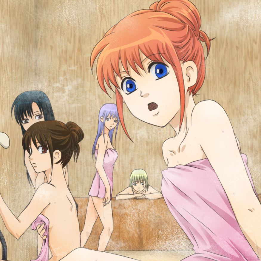 5girls bathhouse bathing bathtub black_hair blonde_hair blue_eyes brown_eyes brown_hair female female_only gintama hair_bun hair_down kagura_(gintama) long_hair looking_at_viewer looking_back multiple_girls nammy orange_hair purple_hair sarutobi_ayame shimura_tae steam sweat towel towel_only tsukuyo wet_skin yagyuu_kyuubei