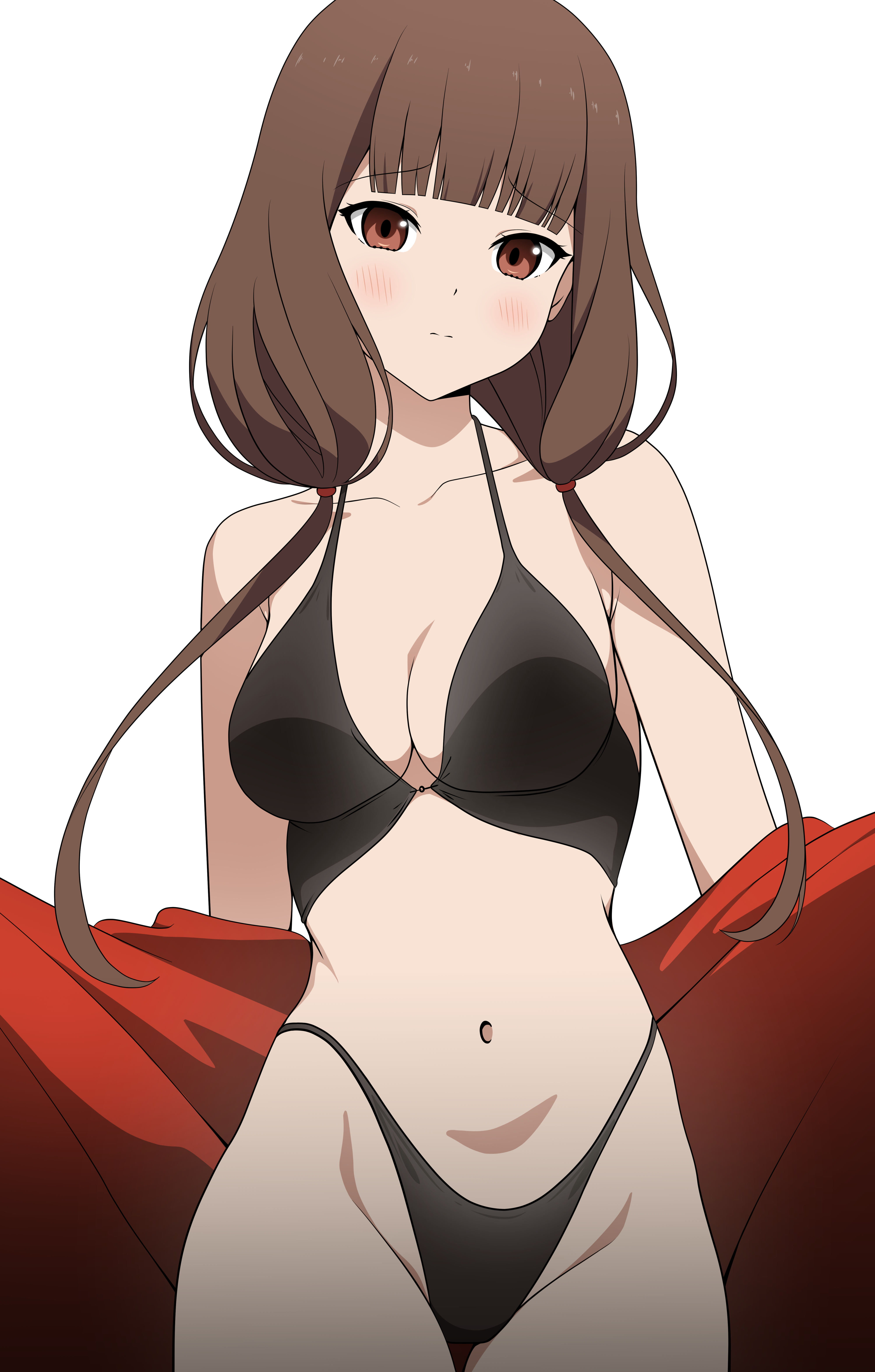 1girls, accurate art style, bare shoulders, belly, big breasts, bikini, black bikini, black bra, black panties, black swimsuit, blush, bra, breasts, brown eyes, brown hair, chest, collarbone, coro fae, embarrassed, female, female only, highres, iino miko, kaguya-sama wa kokurasetai ~tensai-tachi no renai zunousen~, light skin, light-skinned female, long hair, midriff, navel, official style, panties, presenting, push-up, seductive, shy, solo, standing, stomach, swimsuit, underwear, white background