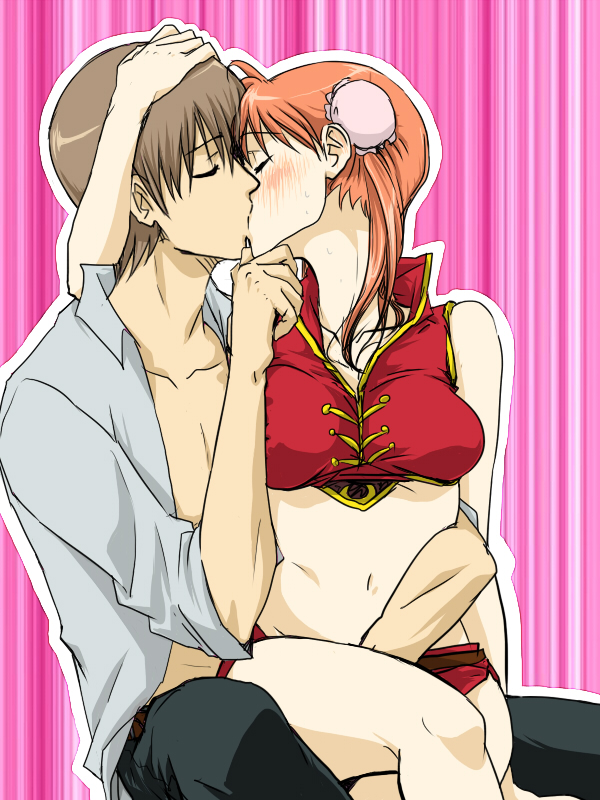 1boy 1girls aged_up bare_midriff blush brown_hair bun_cover chinese_clothes closed_eyes clothed crop_top female gintama hand_on_another's_head implied_fingering kagura_(gintama) kissing male medium_breasts nammy official_alternate_costume okita_sougo open_shirt orange_hair sitting_on_lap sitting_on_person stealth_sex sweatdrop twintails