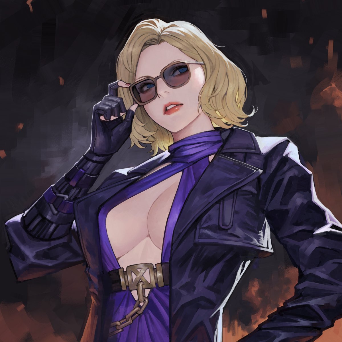 1girls adjusting_eyewear adjusting_glasses adjusting_sunglasses big_breasts blonde_hair boob_window cleavage eyewear female female_only leather leather_jacket light-skinned_female namco nina_williams sunglasses tekken tekken_1 tekken_2 tekken_3 tekken_4 tekken_5_dark_resurrection tekken_6_bloodline_rebellion tekken_7 tekken_8 tekken_blood_vengeance tekken_bloodline tekken_tag_tournament tekken_tag_tournament_2 tekken_the_motion_picture tinted_eyewear zomayuan