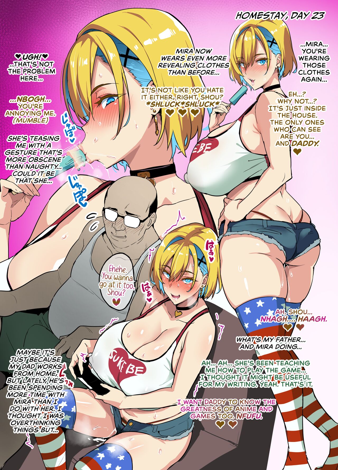 1boy 1girls 2d 2d_(artwork) after_fingering age_difference american american_flag_legwear ass ass_cleavage bald blonde_hair blue_eyes blue_hair blush breasts bulge butt_crack choker cleavage controller couple couple_love covered_erect_nipples denim denim_shorts earrings english_text erection erection_under_clothes fat_man female female_pubic_hair food glasses gluteal_fold hair_ornament happy heart heart-shaped_choker heart-shaped_pupils highleg highleg_panties highres homestay_ntr_(takeda_hiromitsu) huge_breasts ice_cream jewelry kouichi_(homestay_ntr) lipstick looking_at_viewer lovers makeup medium_hair micro_shorts mira_(homestay_ntr) multicolored_hair multiple_views netorare old_man older_penetrating_younger open_fly open_mouth panties popsicle pubic_hair pubic_hair_peek pussy_juice pussy_juice_on_hand pussy_juice_on_legs saliva sexually_suggestive shirt short_shorts shorts sitting sleeveless sleeveless_shirt slutty_outfit suggestive_gesture sweat symbol-shaped_pupils takeda_hiromitsu tank_top thick_thighs thighhighs thighs two-tone_hair ugly_bastard ugly_man underwear white_shirt