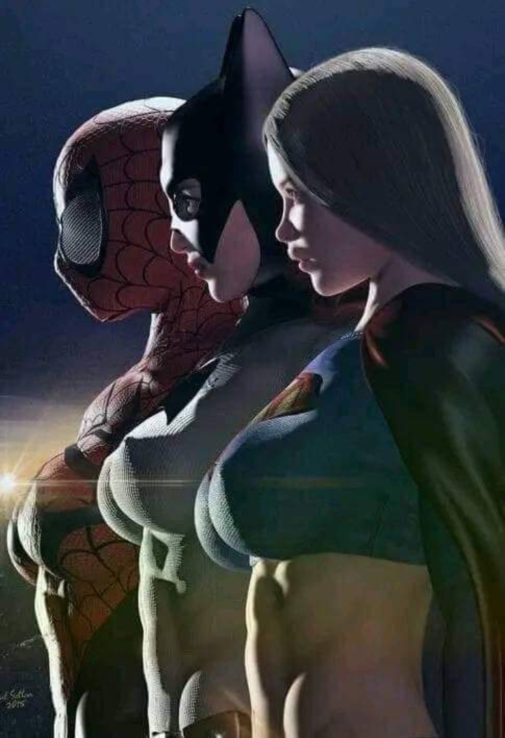 3girls ai_generated artist_request barbara_gordon batgirl batman_(series) big_breasts breasts crossover dc_comics female female_only huge_breasts kara_zor-el kryptonian marvel mayday_parker mc2 spider-girl spider-man_(series) supergirl superheroine superman_(series)