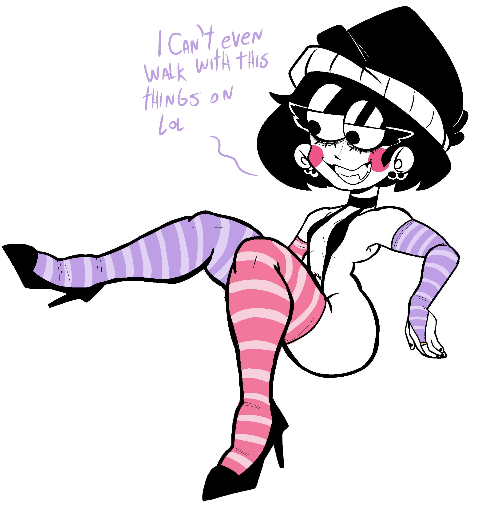 1boy, 1femboy, beanie, bikini, bob cut, breasts, coffee (just coffee), cumlord, cumlord (artist), dialogue, english text, fang, femboy, femboy only, feminine male, fingerless arm sleeves, girly, high heels, hips, just coffee, male, male only, messy, messy hair, oc, original, original character, paizuri, pink clothing, purple clothing, sharp fangs, sharp teeth, short hair, sitting, sling bikini, smug, smug expression, smug face, smug smile, solo, striped armwear, striped thighhighs, talking, talking to another, talking to partner, talking to viewer, text, thighhighs, white background