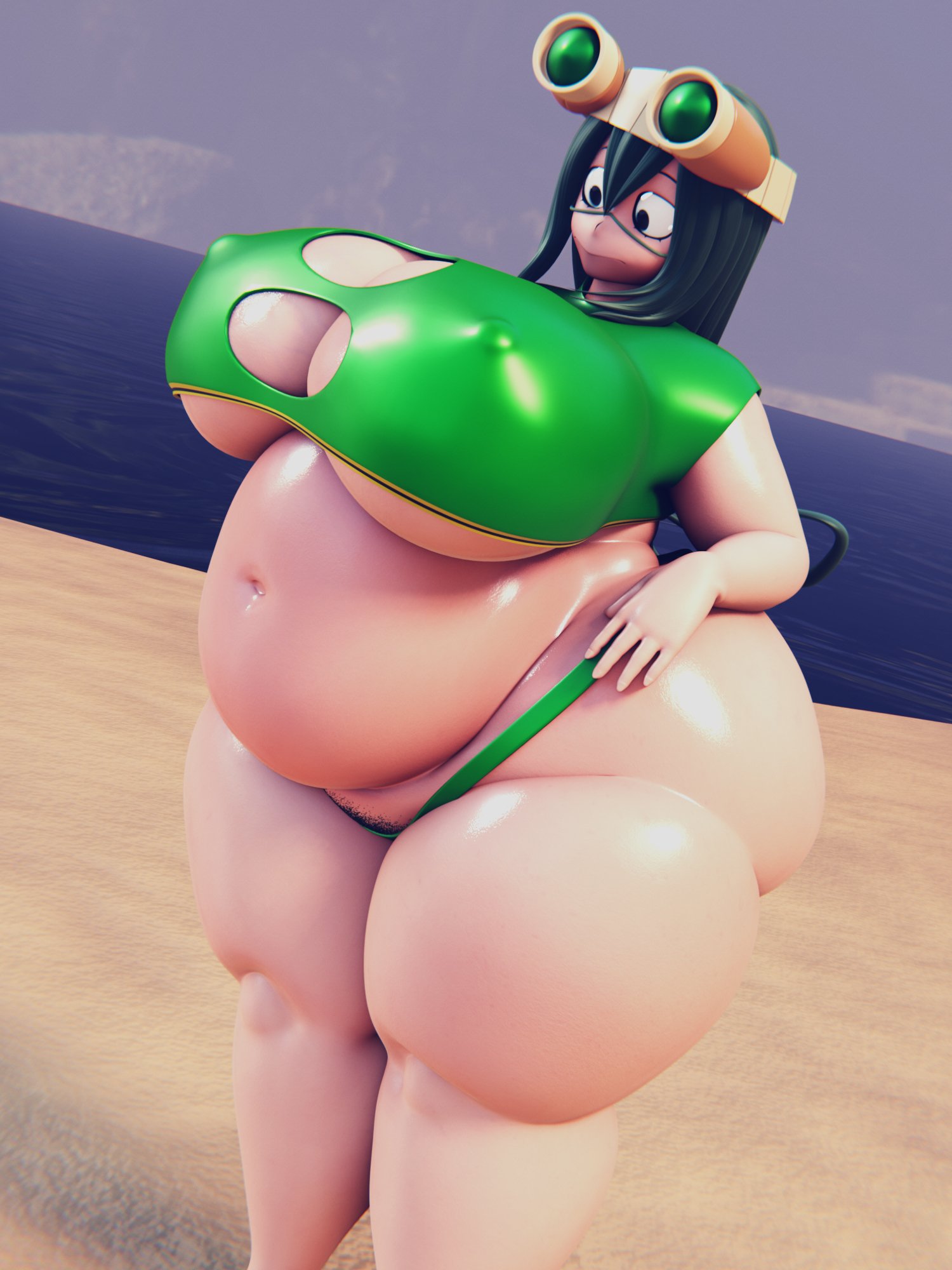 1girls, ass, bbw, belly, big ass, big belly, big breasts, breasts, busty, cghonk, chubby, chubby female, cleavage, crop top, fat, female, female focus, female only, goggles, goggles on head, green hair, huge ass, huge breasts, large ass, large breasts, looking at viewer, my hero academia, nipple bulge, panties, pubic hair, solo, thick thighs, thunder thighs, tsuyu asui, venus body, voluptuous, wide hips