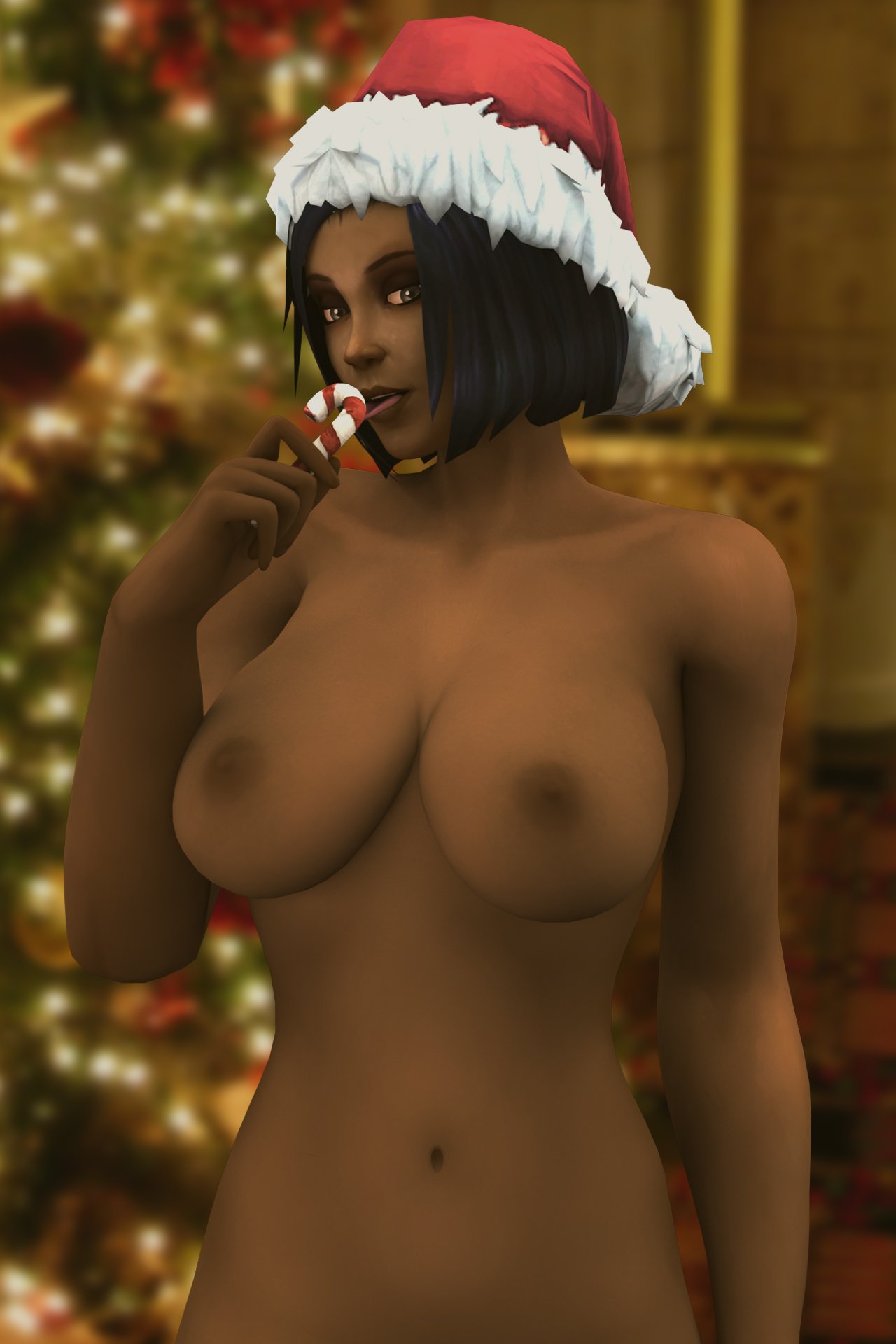 1girls 3d black_hair blizzard_entertainment brown_eyes christmas dark-skinned_female dark_skin flonominalarts human human_(world_of_warcraft) large_breasts looking_at_viewer original_character roulette_(flonominal) santa_hat warcraft winter_veil world_of_warcraft