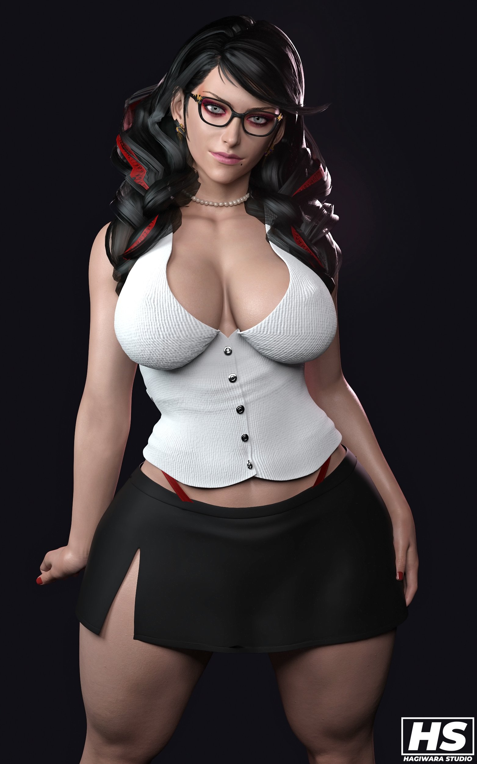 1girls, 3d, alternate version available, ass, bayonetta, bayonetta (character), bayonetta 3, big ass, big breasts, breasts, cleavage, ear ring, female, female only, glasses, hagiwara studio, large ass, skirt, solo, thick thighs, thong, thong above skirt, thong straps