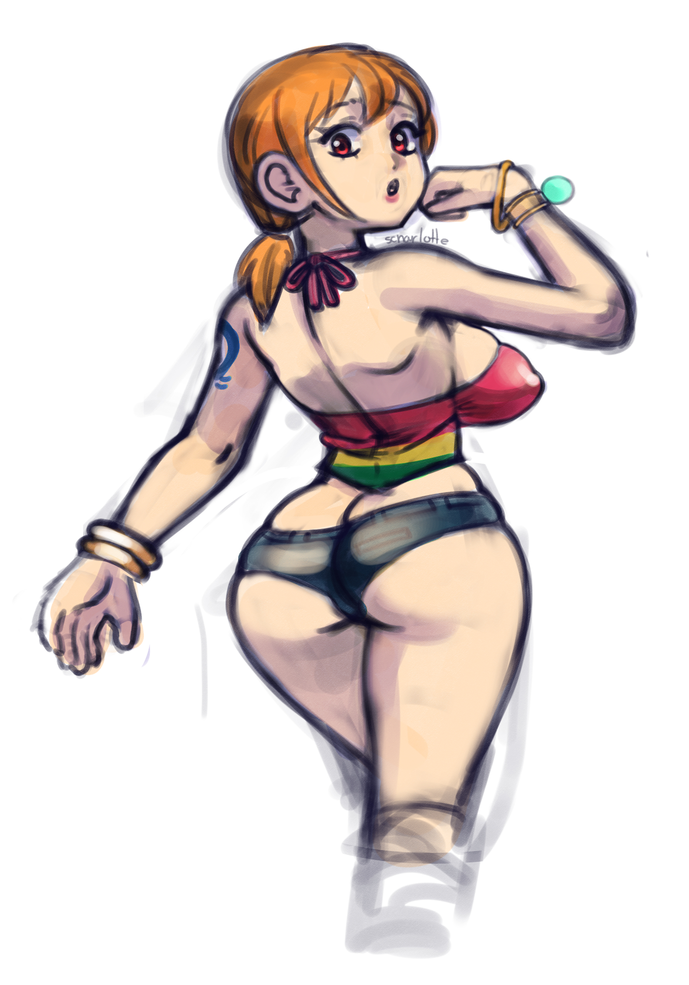 1girls, arm tattoo, ass, ass cleavage, ass crack, big ass, big butt, blue tattoo, booty shorts, bracelet, bracelets, butt cheeks, butt crack, clothed, clothed female, female, female only, light skin, light-skinned female, log pose, looking at viewer, looking back, nami (one piece), one piece, one piece film strong world, orange hair, orange-haired female, pre-timeskip, scharlottelambo, short hair, short shorts, shorts, sketch, tattoo, thick thighs