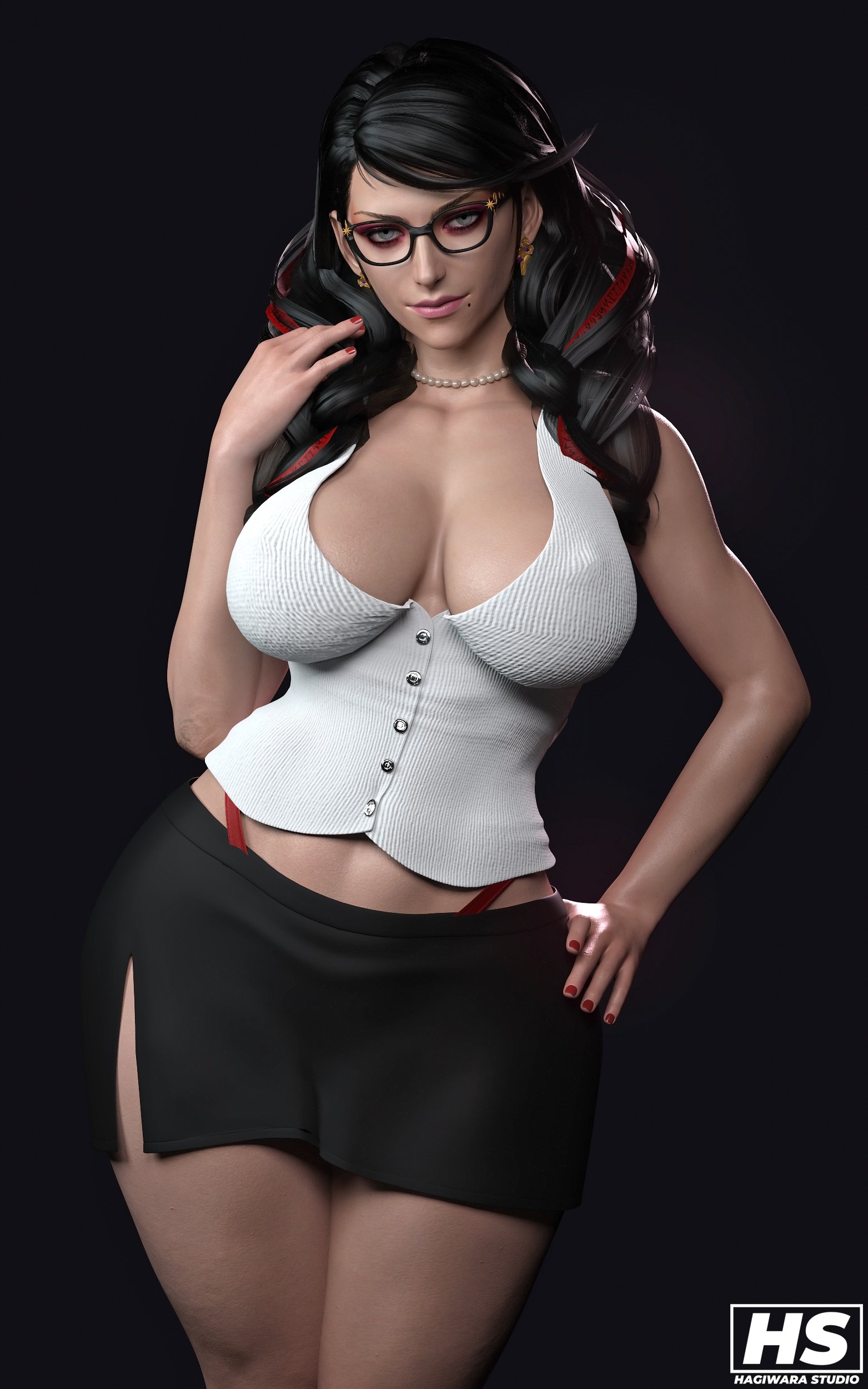 1girls, 3d, alternate version available, ass, bayonetta, bayonetta (character), bayonetta 3, big ass, big breasts, breasts, cleavage, ear ring, female, female only, glasses, hagiwara studio, large ass, skirt, solo, thick thighs, thong, thong above skirt, thong straps