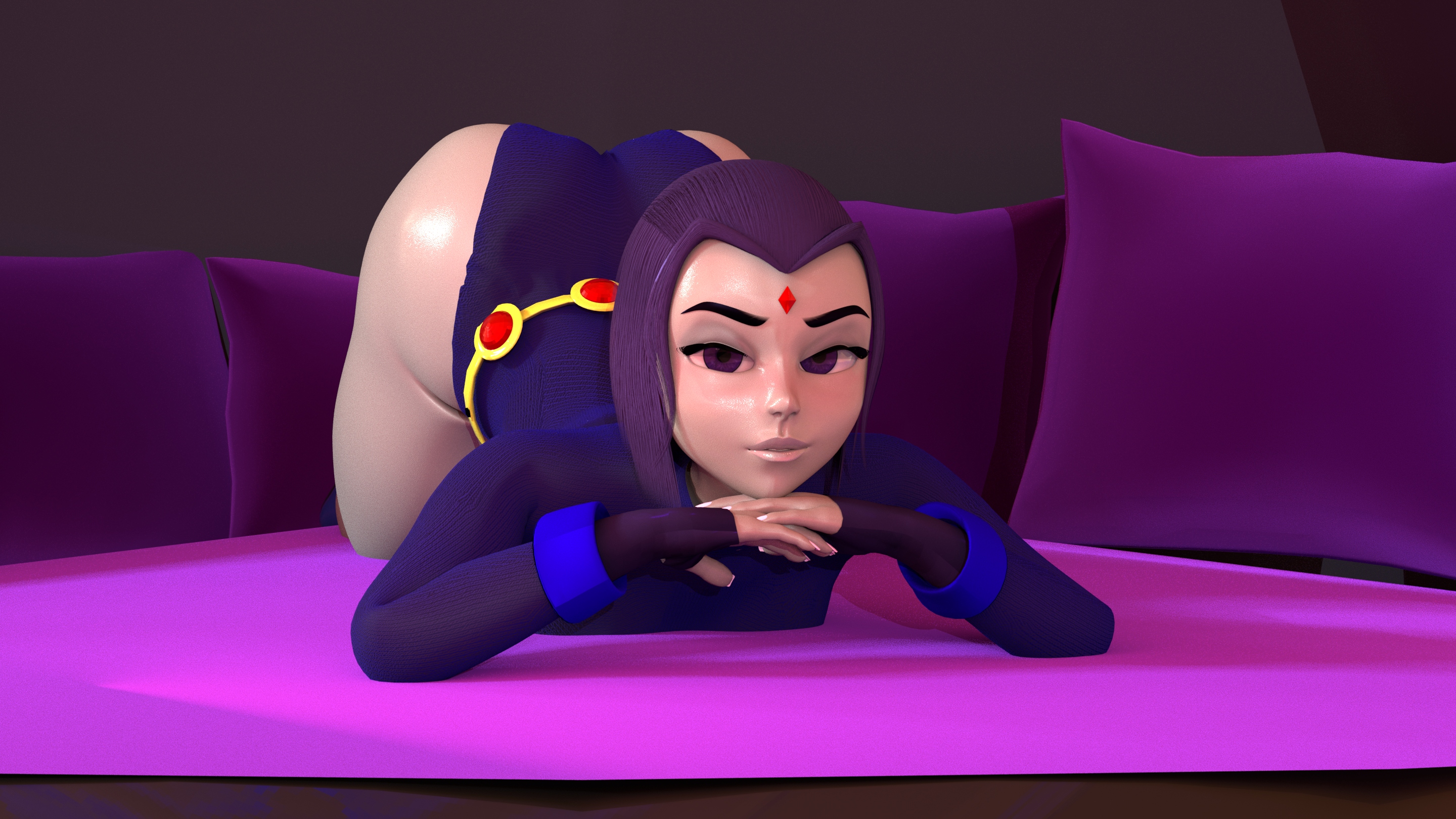 1girls, 3d, 3d (artwork), ass, ass focus, ass up, big ass, big breasts, big butt, bodysuit, breasts, bubble ass, bubble butt, dc, dc comics, fat ass, fat butt, female, female focus, female only, holdingnuts, horny, huge ass, huge butt, huge thighs, leotard, pale skin, pleasure face, rachel roth, raven (dc), self upload, skintight, solo, suit, tagme, teen titans, thick ass, thick thighs, wide hips, wide thighs