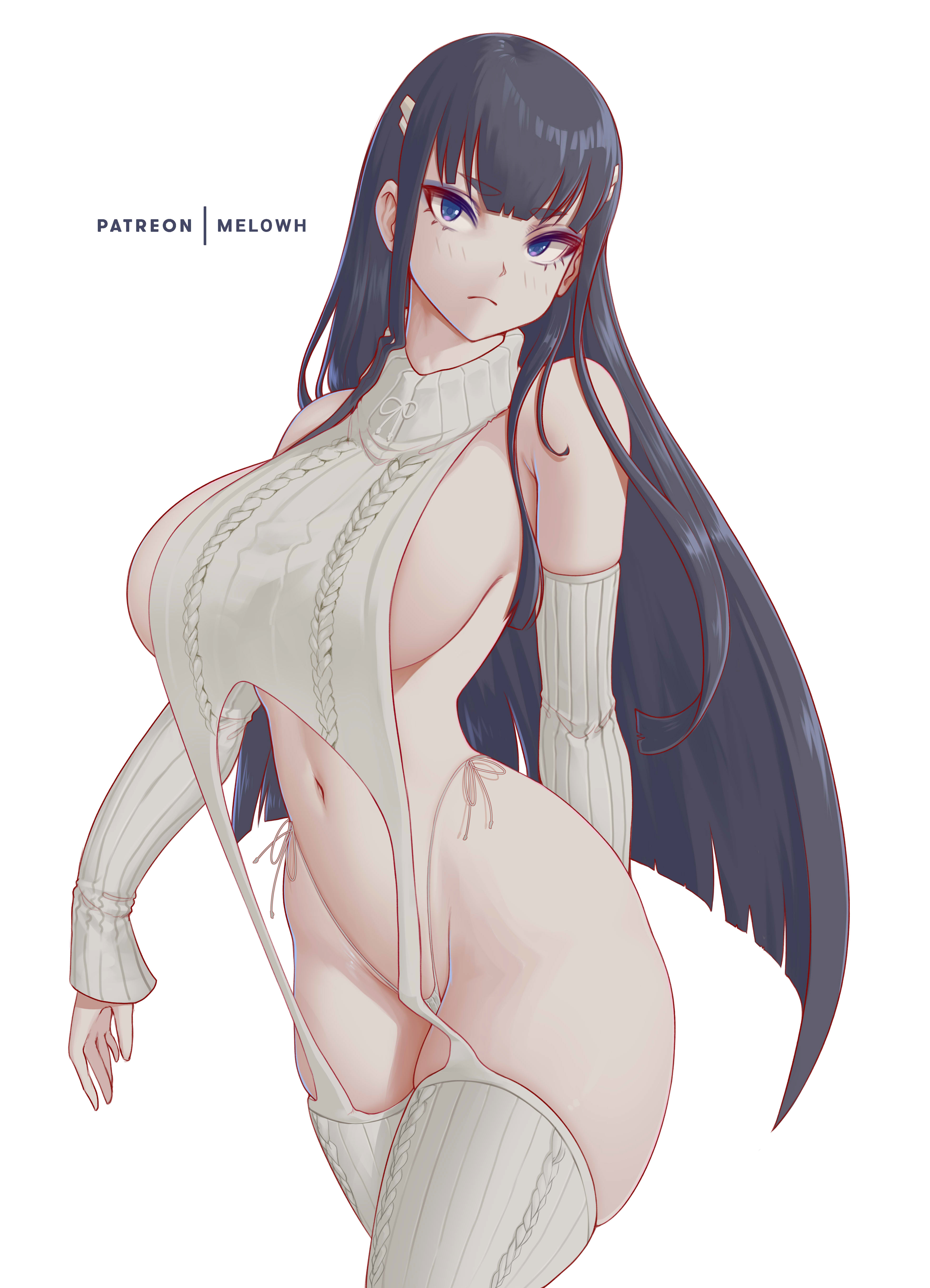 1girls, black hair, blue eyes, breasts, female, female only, high resolution, hips, huge breasts, kill la kill, kiryuuin satsuki, long hair, melowh, revealing clothes, sweater, thick thighs, thighs, virgin destroyer sweater, virgin killer sweater, white clothing, wide hips