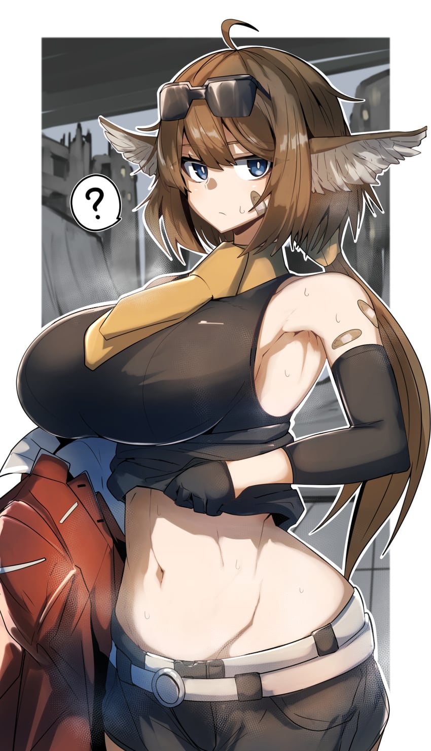 aciddrop_(arknights) animal_ears arknights belly belt blue_eyes breasts brown_hair clothes_lift female gin_moku gloves jacket large_breasts scarf sunglasses sunglasses_on_head sweat