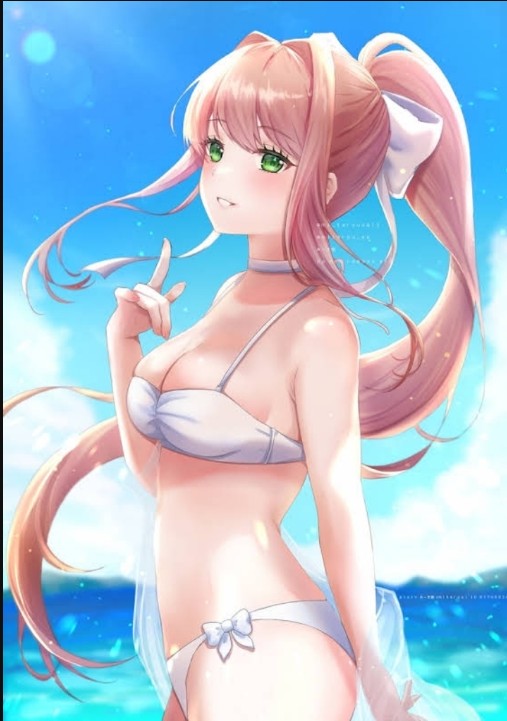 bare arms, bare back, bare legs, bare midriff, bare shoulders, bare thighs, bikini, bikini bottom, bikini top, bow, bow tie, bowtie, choker, cleavage, collar, doki doki literature club, female, ginger, ginger hair, hair ribbon, long ponytail, monika (doki doki literature club), ponytail, seaside, silk, wedding bikini, white bikini, white bikini bottom, white bikini top, white bow, white bowtie, white choker, white collar, white hair bow