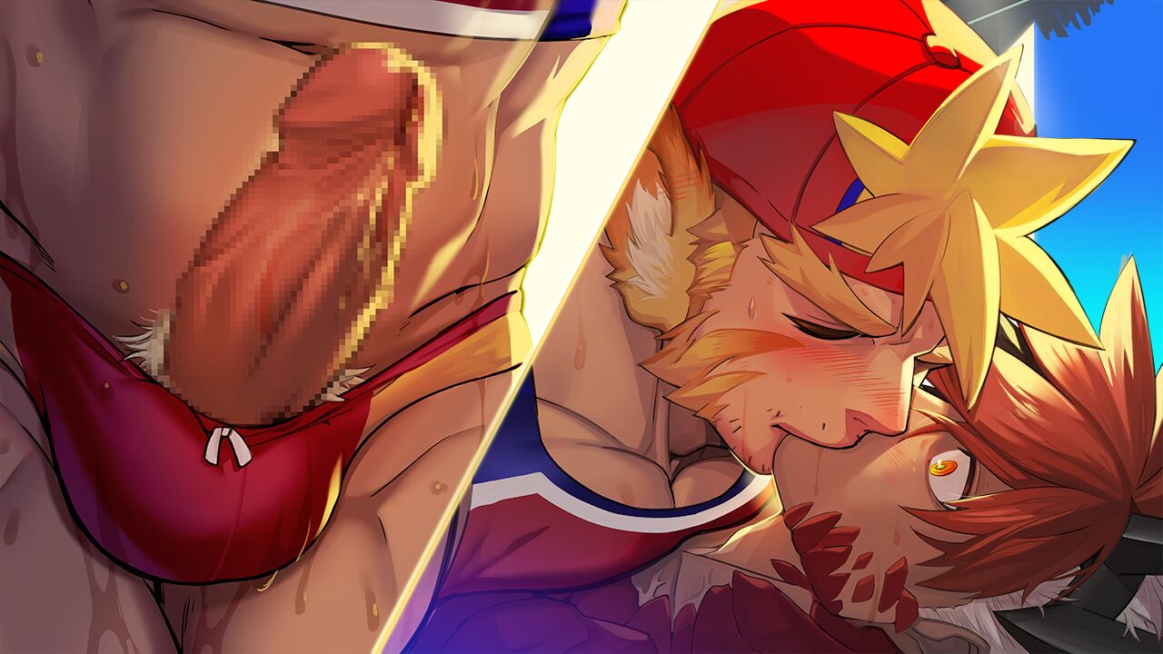 2boys animal_ears another_eidos-r another_eidos_of_dragon_vein_r backwards_hat bara baseball_cap black_hair blonde_hair blush censored closed_eyes dragon_boy erection gaia_(another_eidos) gay hat kissing large_pectorals looking_at_another lying male male/male male_focus male_only male_swimwear mosaic_censoring multicolored_hair multiple_boys muscular muscular_male official_art on_back pectorals penis pugi_(another_eidos) red_eyes red_hair red_tank_top short_hair swim_briefs tail tank_top thick_eyebrows tiger_boy tiger_ears tiger_tail waku_(ayamix) yaoi