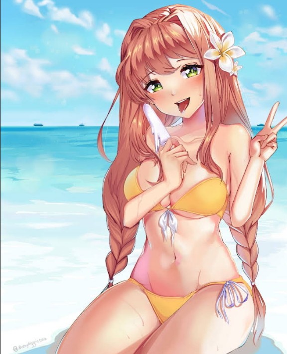 bare arms, bare legs, bare midriff, bare shoulders, bare thighs, barefoot, belly button, bikini, bikini bottom, bikini top, doki doki literature club, female, flower in hair, ginger, ginger hair, green eyes, ice cream, long hair, long twintails, midriff, monika (doki doki literature club), navel, peace sign, tongue, tongue out, twintails, white ice cream, yellow bikini, yellow bikini bottom, yellow bikini top
