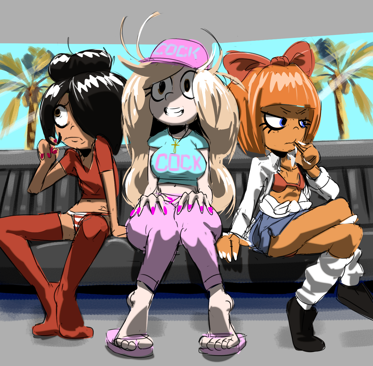 alternate costume, annoyed, annoyed expression, baseball cap, big breasts, black hair, blonde hair, blue eyes, bob cut, bra, breast size difference, breasts, cock, coco schoppenboer, cross, dark skin, dark-skinned female, different breast sizes, eyelashes, female, frown, grin, hair bun, japanese female, lardass, large breasts, light skin, light-skinned female, looking up, male, maya schoppenboer, messy hair, mymy schoppenboer, nail polish, ongezellig, orange hair, orange skin, painted nails, palm tree, panties, penis, pink hair, playing with hair, playing with own hair, sandals, scantily clad, school uniform, schoolgirl, shaded, shadow over eyes, shiny hair, sitting, small breasts, southeast asian, tagme, thighhighs, unbuttoned, unbuttoned shirt, white nails
