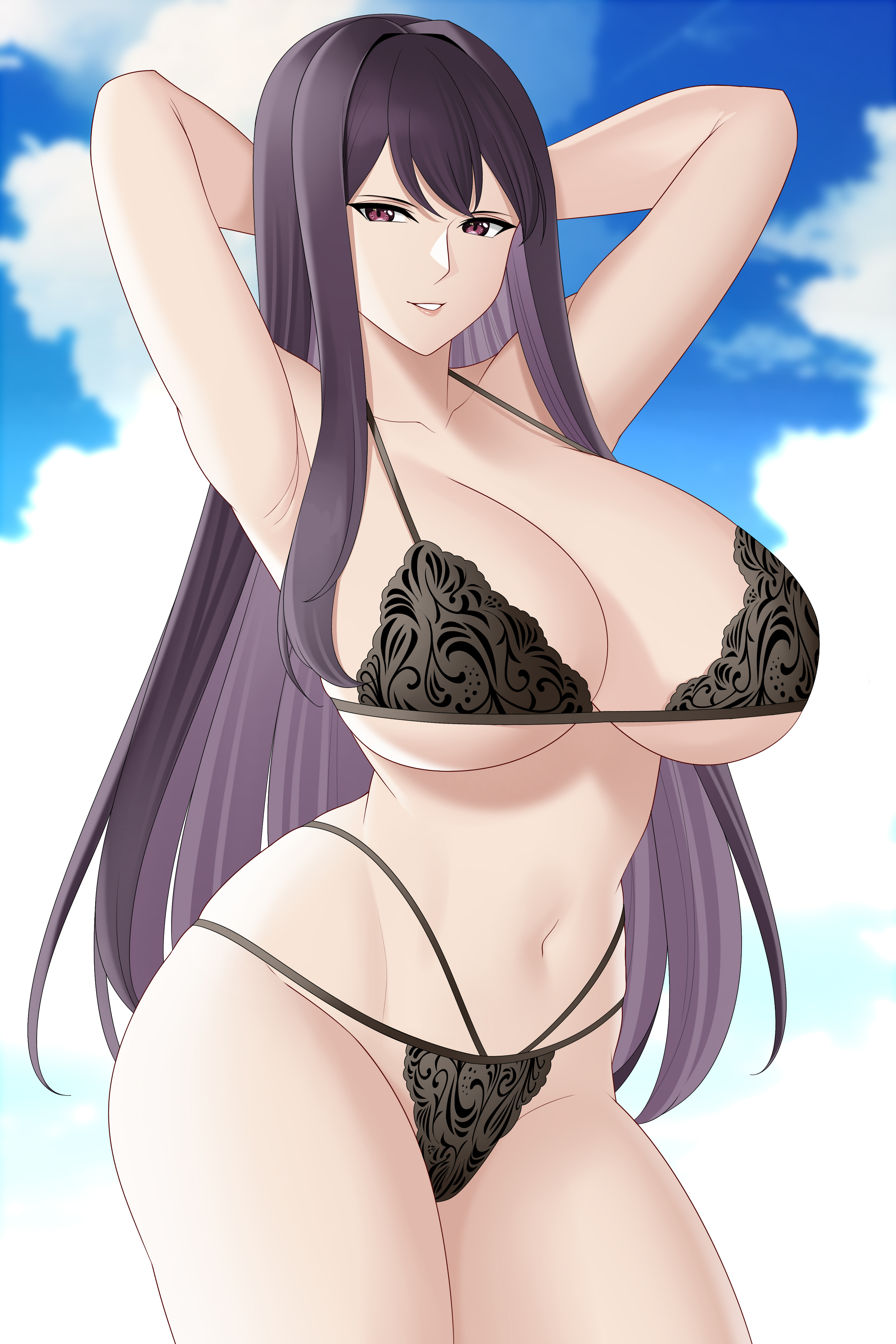 1girls, armpits, arms behind head, aslindsamure, big breasts, black bra, black panties, breasts, busty, fairy tail, female, female only, large breasts, legs, long hair, navel, pose, posing, purple hair, purple-haired female, seductive, seductive smile, sensual, smile, solo, thighs, ultear milkovich