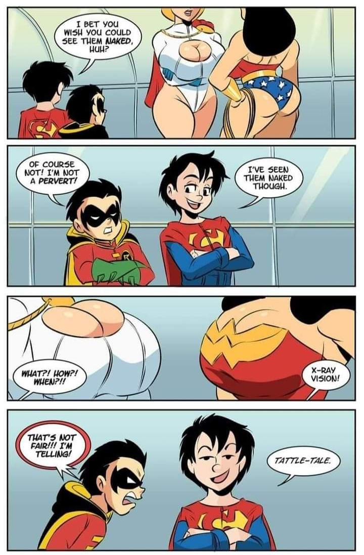 2boys 2girls amazonian ass bare_thighs batman_(series) big_ass big_breasts black_hair blonde_female blonde_hair breasts breasts_focus busty cape cleavage cleavage_cutout comedy curvy curvy_figure damian_wayne dat_ass dc dc_comics dialogue diana_prince english_text fat_ass female funny glassfish humor jon-el jonathan_kent kara_zor-l karen_starr kryptonian leotard light-skinned_female light-skinned_male male mask older_female power_girl robin_(damian_wayne) robin_(dc) speech_bubble straight_hair superboy superboy_(jonathan_kent) superhero superheroine superman_(series) supersons text thick_thighs voluptuous voluptuous_female wide_hips wonder_woman wonder_woman_(series)