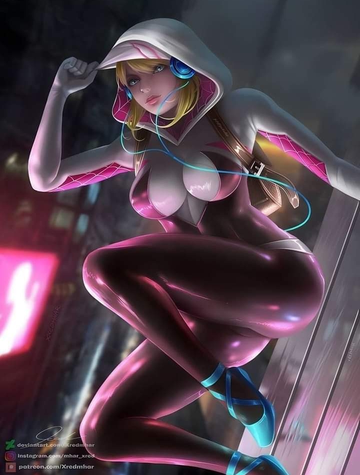 1girls, artist request, big breasts, blonde hair, breasts, curvy, curvy figure, female, female only, fully clothed, gwen stacy, light skin, light-skinned female, marvel, marvel comics, solo, spider-gwen, spider-man (series), straight hair, superheroine, tight clothing, wide hips