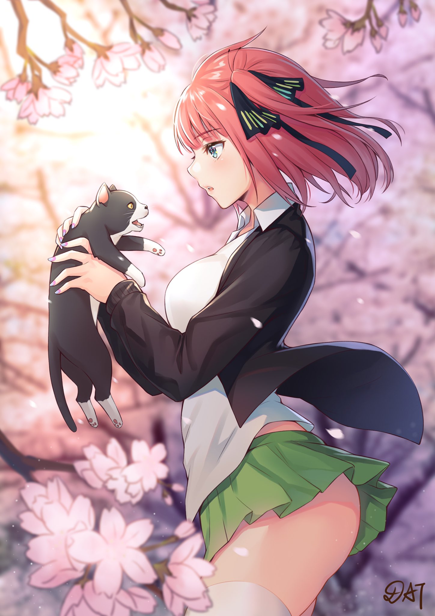 1girls animal ass bangs big_ass black_jacket black_ribbon blue_eyes blush breasts carrying cherry cherry_blossoms da-cart feline female food fruit go-toubun_no_hanayome green_skirt highres holding holding_animal holding_cat jacket medium_breasts medium_hair nail_polish nakano_nino open_mouth parted_lips pink_hair pink_nails pleated_skirt ribbon shirt side_view skirt sunlight white_shirt