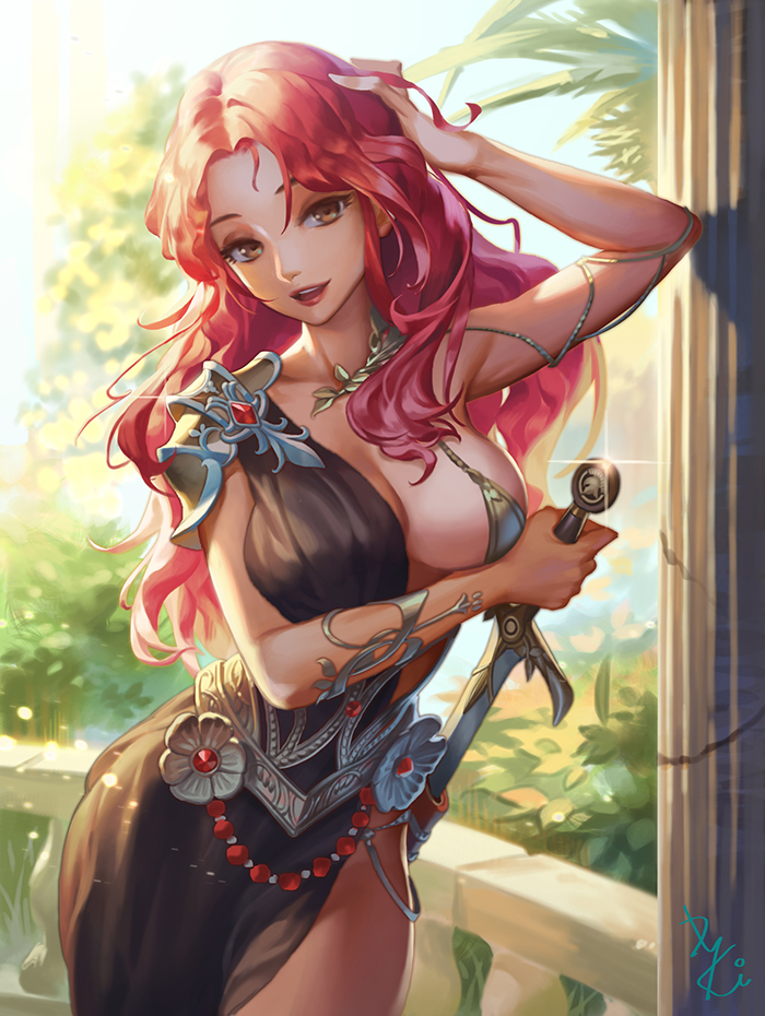 1girls breasts cleavage dress female female_only hand_on_head holding_weapon jewelry kakiman light-skinned_female light_skin long_hair looking_at_viewer open_mouth original_character pink_hair solo solo_female standing sunlight sword thighs