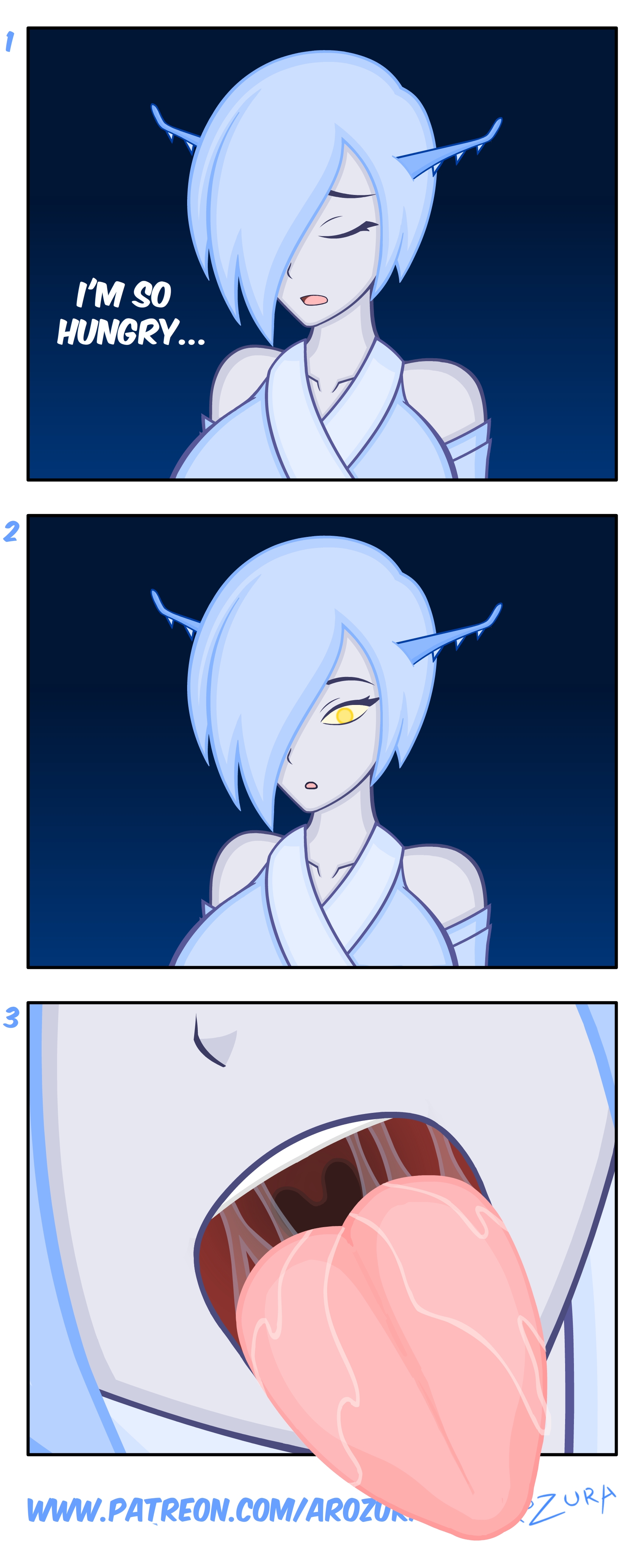 1girls, alien, alien girl, alien humanoid, antennae (anatomy), arozura (artist), before vore, blue hair, breasts, color, colored, comic, dialogue, female, female focus, fully clothed, ghost leviathan, open mouth, oral vore, pale skin, saliva, subnautica, tagme, teeth, text, tongue, underwater, vore, water, yellow eyes