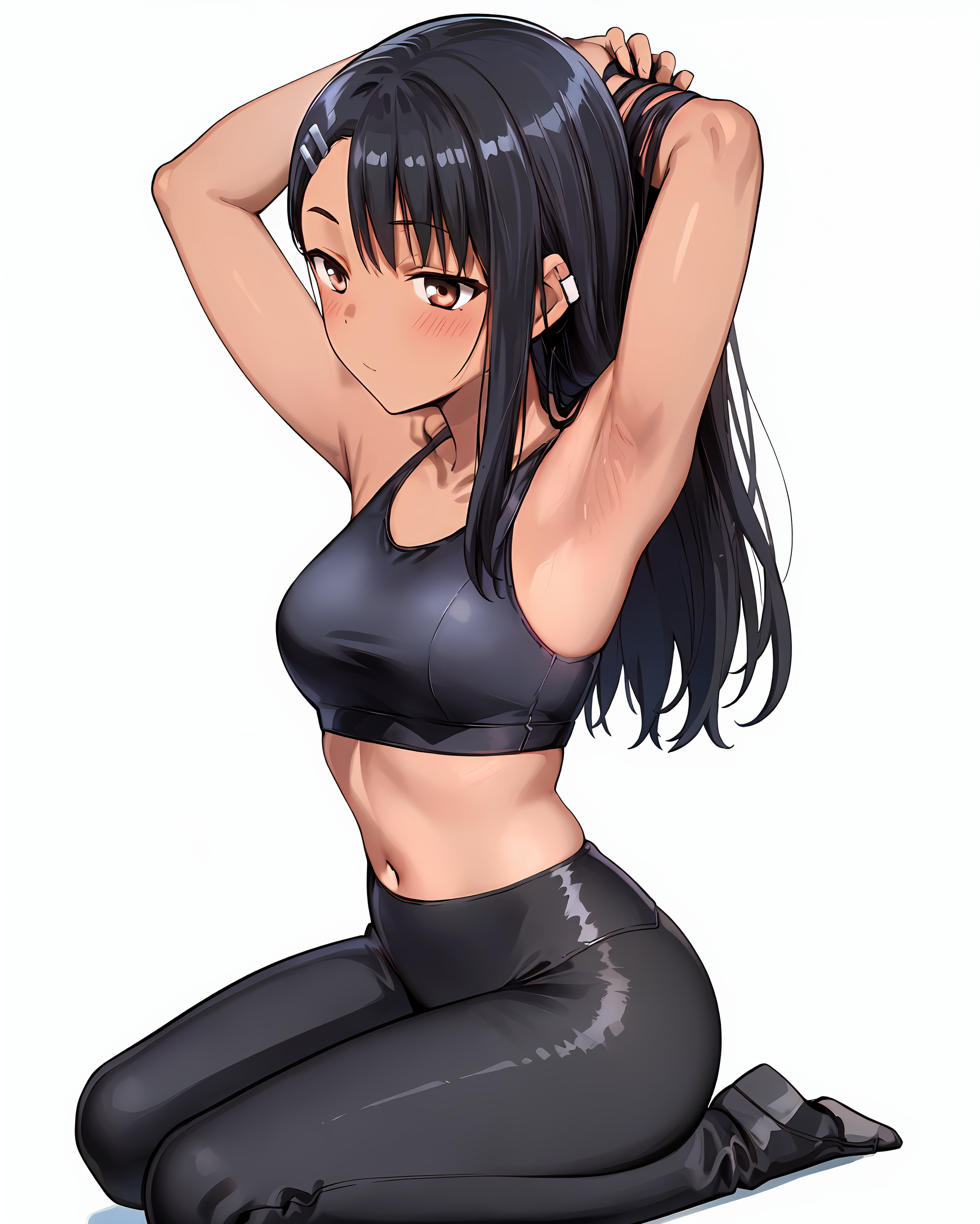 1girls, adjusting hair, ai generated, armpits, black hair, breasts, brown eyes, female, female focus, female only, gym clothes, hayase nagatoro, kneeling, long hair, midriff, petite, please don't bully me, nagatoro, small breasts, solo, sports bra, stable diffusion, tan, tan skin, tanned, teenager, whirlpai, yoga pants