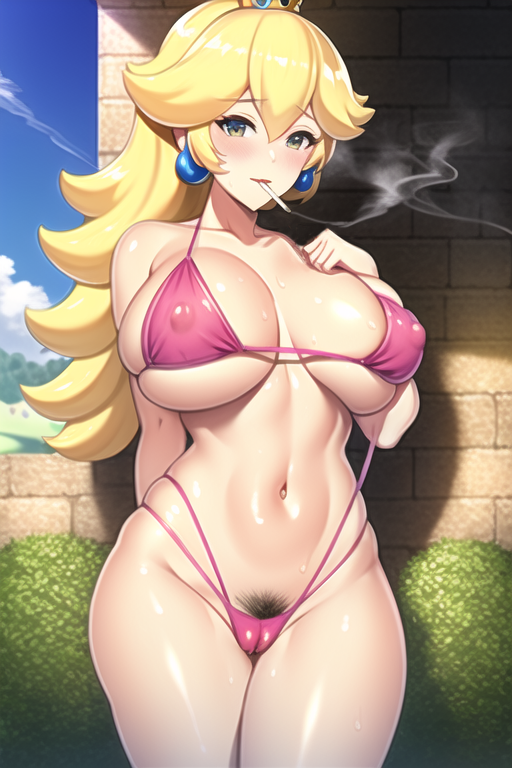 1girls, 2023, ai generated, big breasts, bikini, blonde hair, breasts, erect nipples, erect nipples under bikini, female, female focus, female only, hairy pussy, hi res, highres, long hair, looking at viewer, mario (series), milf, nipple bulge, nipples, outdoors, pink bikini, princess peach, pussy, smoking cigarette, solo, stable diffusion, standing