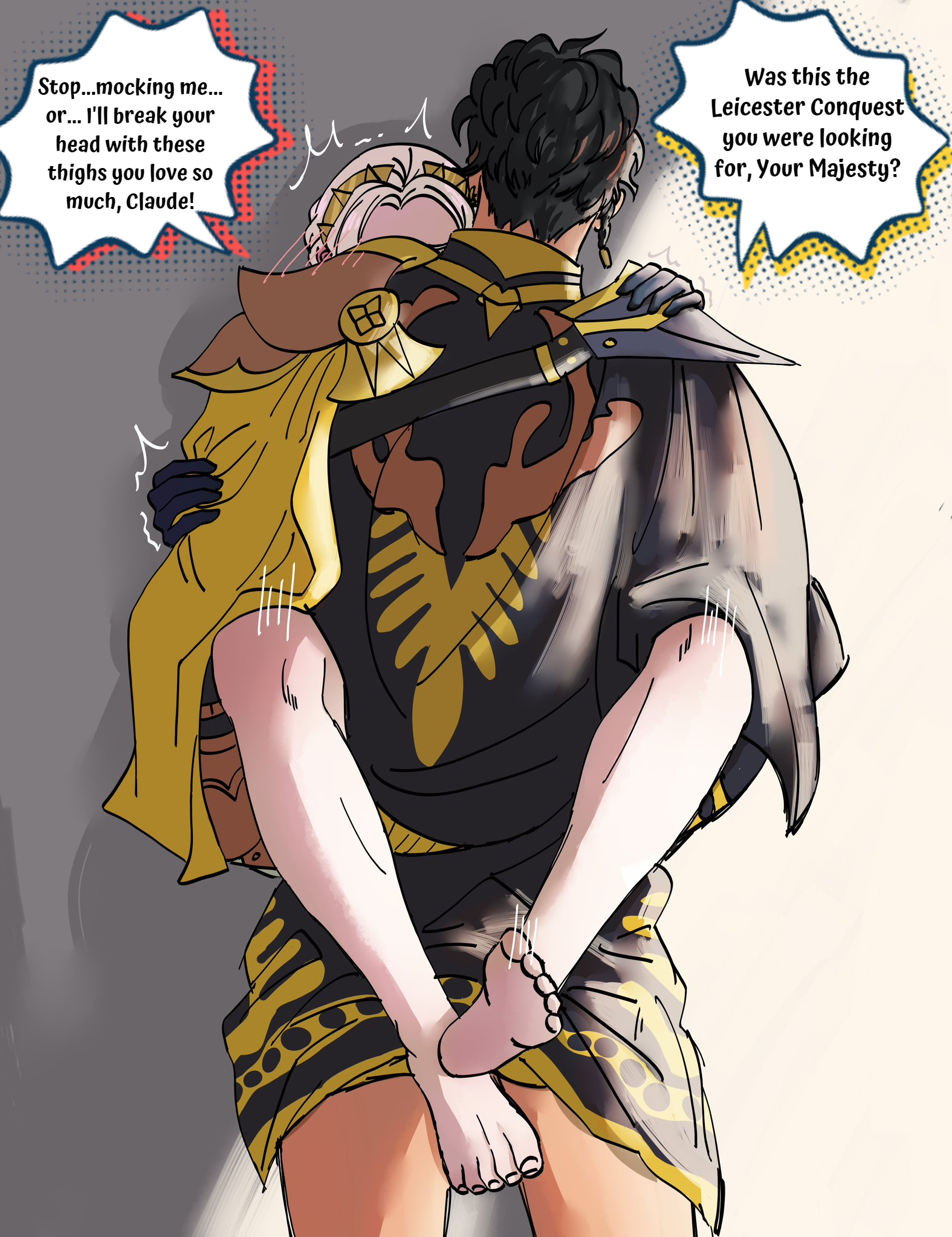1boy, 1girls, against wall, alternate costume, alternate hairstyle, alternate version available, black hair, blush, bottomless, claude von riegan, dark skin, dark-skinned male, dialogue, edelgard von hresvelg, english text, female, fire emblem, fire emblem warriors: three hopes, fire emblem: three houses, interracial, lunarussy, male, motion lines, nintendo, official alternate costume, official alternate hairstyle, sex, straight, text, unseen female face, unseen male face, white hair