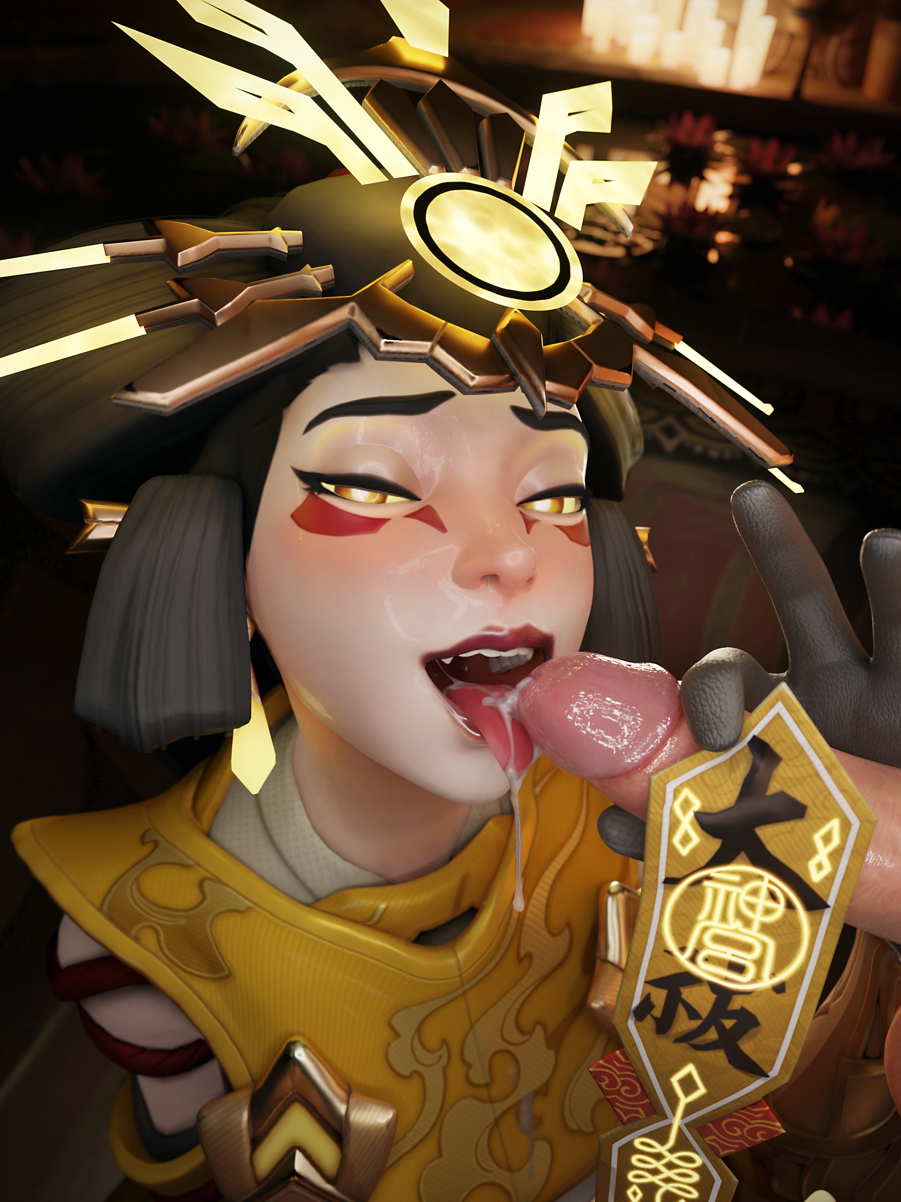 1boy, 1girls, 3d, after deepthroat, after oral, alternate costume, amaterasu kiriko, black gloves, black hair, blender, blizzard entertainment, cum in mouth, cum on face, cum on tongue, facial markings, fellatio, female, glans, gloved handjob, gloves, glowing eyes, hand on penis, handjob, handjob with gloves, headwear, heal slut, healslut, high resolution, holding penis, japanese, kiriko (overwatch), leather gloves, licking penis, light skin, light-skinned female, looking at viewer, m71z30, male, open mouth, oral, overwatch, overwatch 2, partial male, penis, pov, pov eye contact, saliva, saliva on penis, saliva trail, seductive eyes, seductive mouth, tongue, tongue out, touching penis