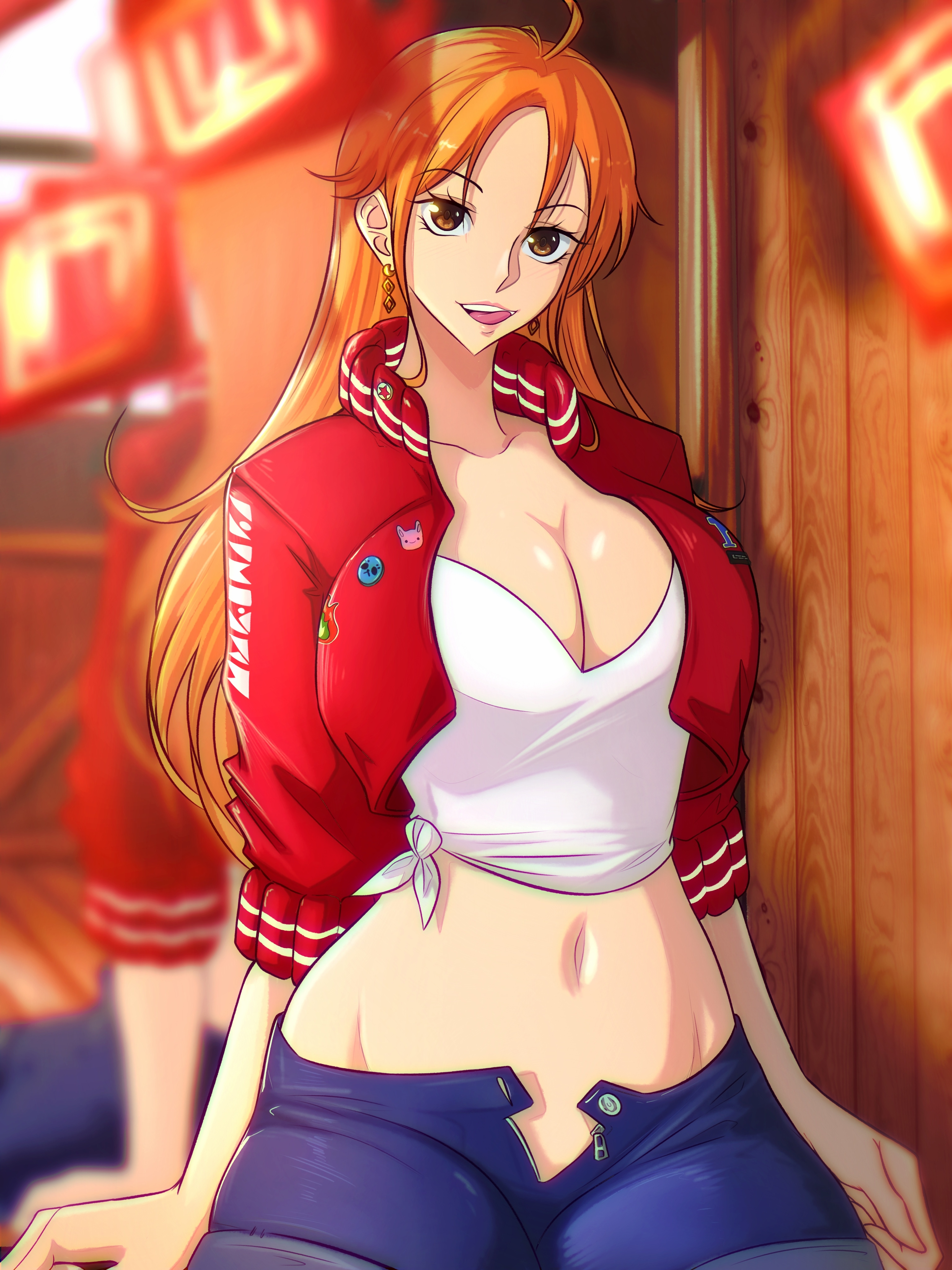 1girls, cleavage, female, female only, licking lips, nami (one piece), one piece, opalisart, open clothes, orange hair, orange-haired female, post-timeskip, unbuttoned, unbuttoned pants, unbuttoned shorts