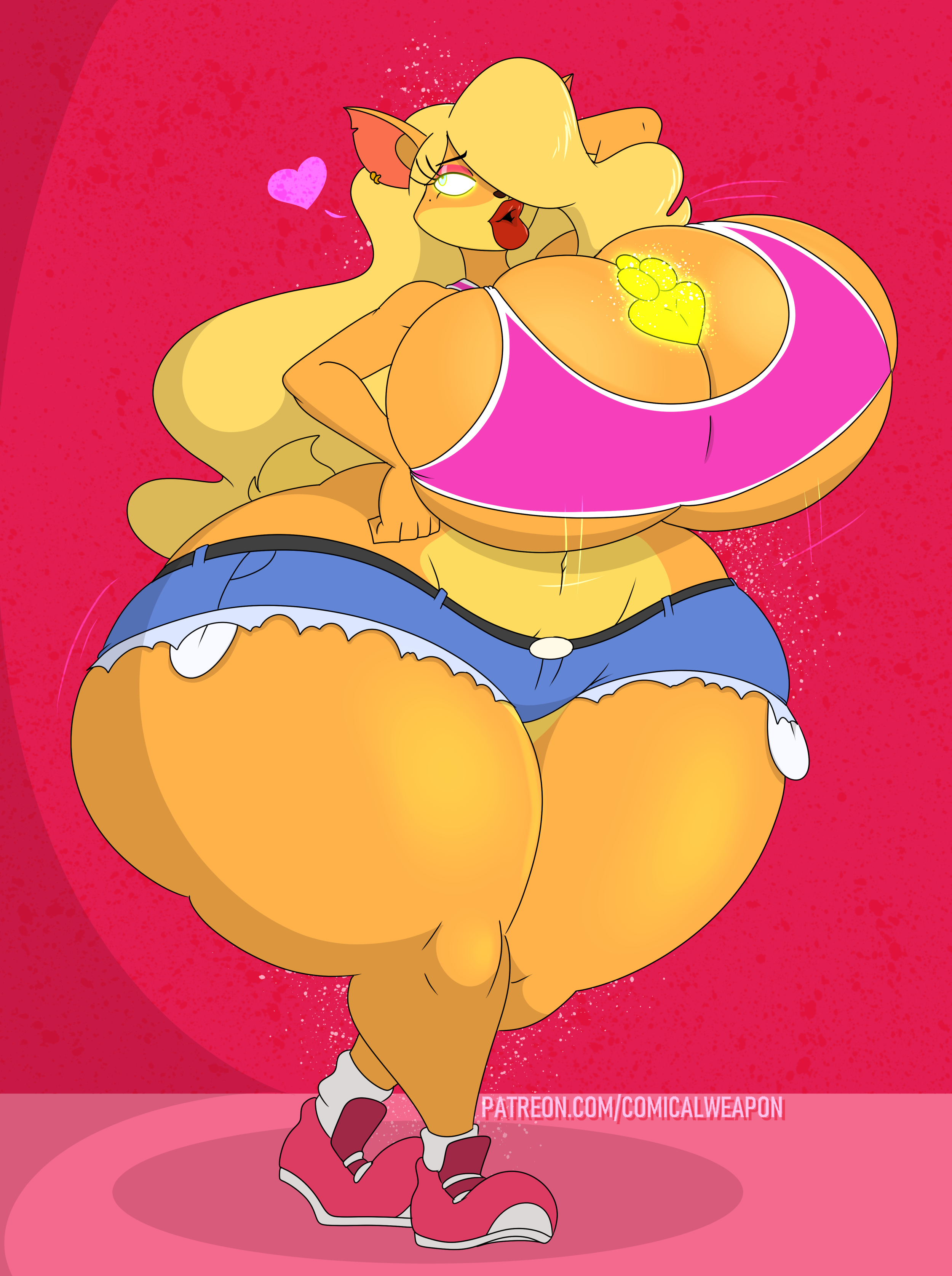 ass, ass expansion, bandicoot, big ass, big breasts, big butt, bimbo, bimbofication, body transformation, breast expansion, breast growth, breast growth (enlargement), breasts, comical weapon, crash (series), expansion, female, female only, figure transformation, furry, hourglass figure, lips, shorts, tawna bandicoot, thick ass, transformation