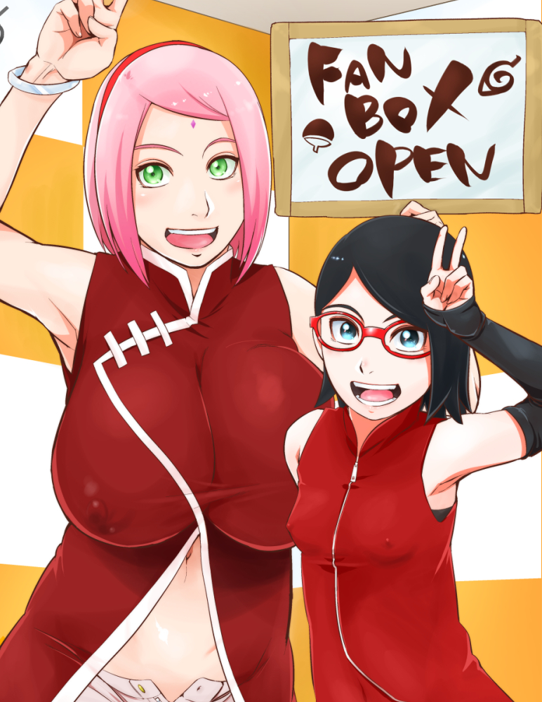 2girls, age difference, alternate breast size, arm warmers, armpits, arms up, armwear, belly, belly button, big breasts, black eyes, black hair, bob cut, boruto: naruto next generations, bracelet, breast size difference, breasts, busty, clothed, clothing, crop top, cute, daughter, erect nipples, erect nipples under clothes, female, female focus, female only, forehead jewel, forehead mark, fully clothed, glasses, green eyes, hairband, hand on head, height difference, hi res, high resolution, highres, huge breasts, jewelry, large breasts, light skin, light-skinned female, looking at viewer, mature, mature female, medium hair, midriff, milf, mother, mother and daughter, multiple females, multiple girls, naruto, naruto (series), nipple bulge, nipples, open mouth, pale skin, pale-skinned female, peace sign, petite, pink hair, pinup, sakura haruno, sarada uchiha, short hair, shoulder length hair, shounen jump, skimpy, skimpy clothes, sleeveless dress, small breasts, smile, smiling, standing, sunahara wataru, teenager, tomboy, v, voluptuous