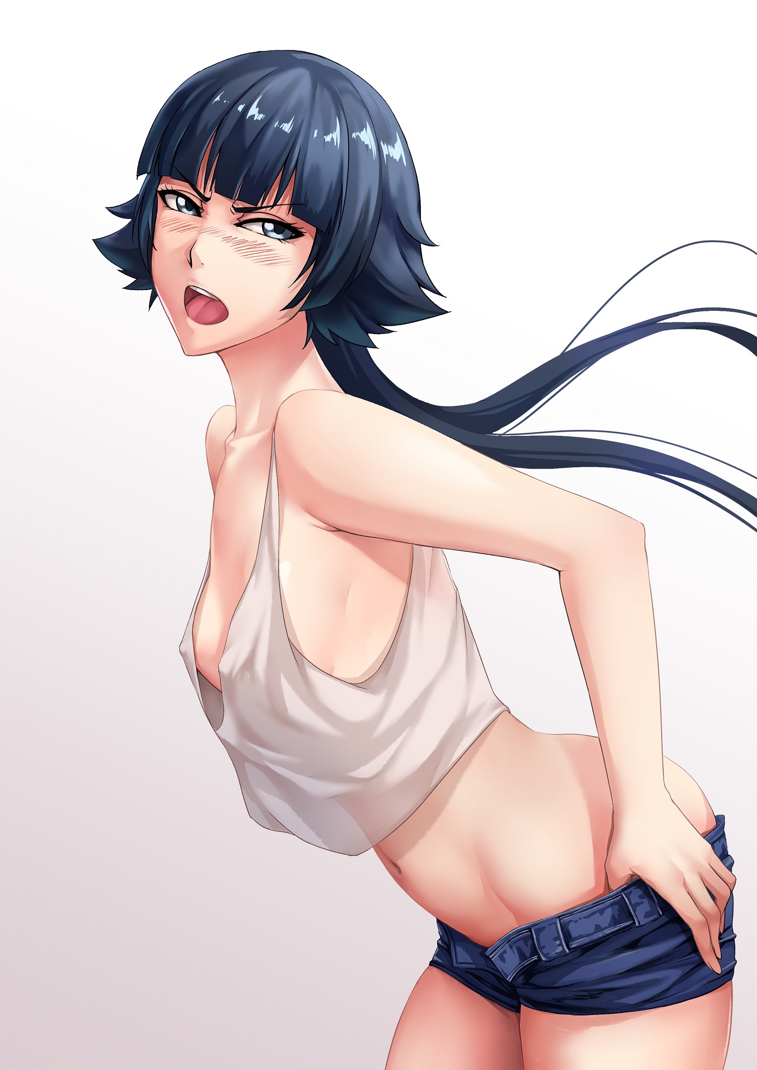 bangs, black hair, bleach, blue eyes, blue shorts, blunt bangs, blush, breasts, chinese commentary, collarbone, commentary, female, from side, gradient background, highres, leaning forward, long hair, looking at viewer, midriff, navel, no bra, open mouth, sakuya (liao kj), short shorts, shorts, sideboob, simple background, small breasts, soifon, sui-feng, tank top, teeth, twintails, unbuttoned shorts, undressing, upper teeth, white tank top