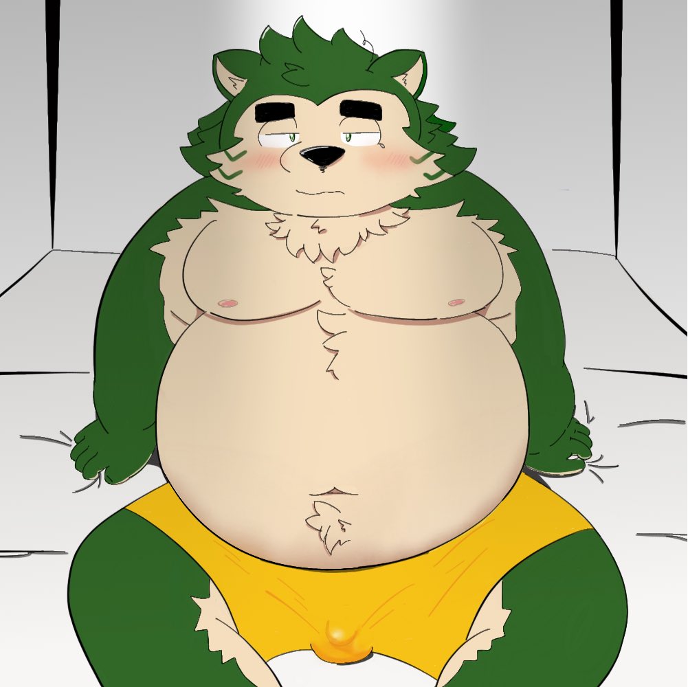 2023 anthro belly big_belly black_nose blush bulge canid canine canis domestic_dog green_body kemono lifewonders live_a_hero male mammal mokdai navel overweight overweight_male raio_owo sitting solo