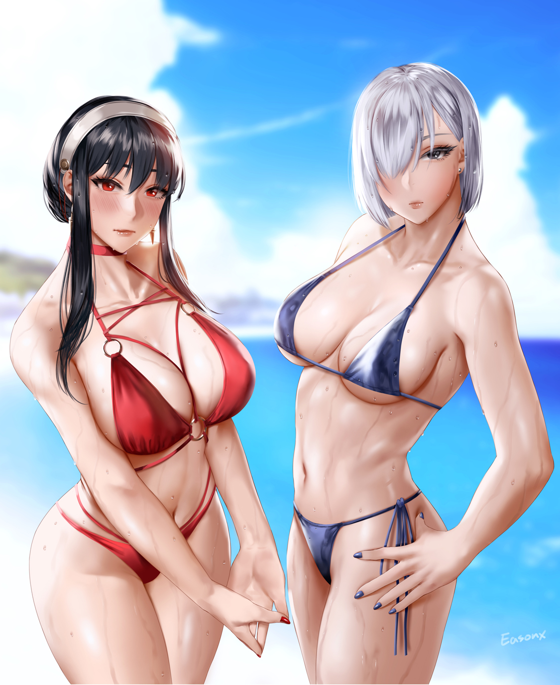 2023, 2girls, assassin, bangs, beach, bikini, black hair, blue bikini, blue nails, blush, breasts, cowboy shot, day, easonx, female, female only, fiona frost, hair over one eye, hand on hip, highres, large breasts, lips, looking at viewer, mature female, multiple females, multiple girls, nail polish, nightfall (spy x family), outdoors, red bikini, red eyes, red nails, short hair, spy, spy x family, swimsuit, thorn princess, yor briar, yor forger