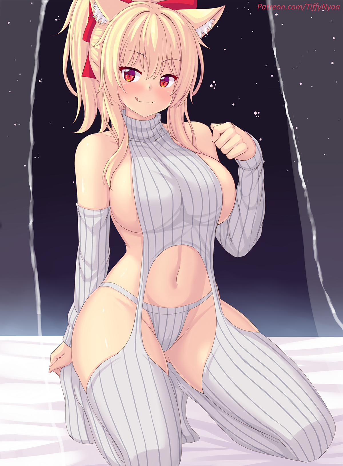 1girls, blonde hair, breasts, cat ears, cat girl, catgirl, female, hips, huge breasts, kemonomimi, kneeling, long hair, naughty face, red eyes, smile, suggestive look, sweater, thick thighs, thighs, tiffy, tiffynyaa, virgin destroyer sweater, virgin killer sweater