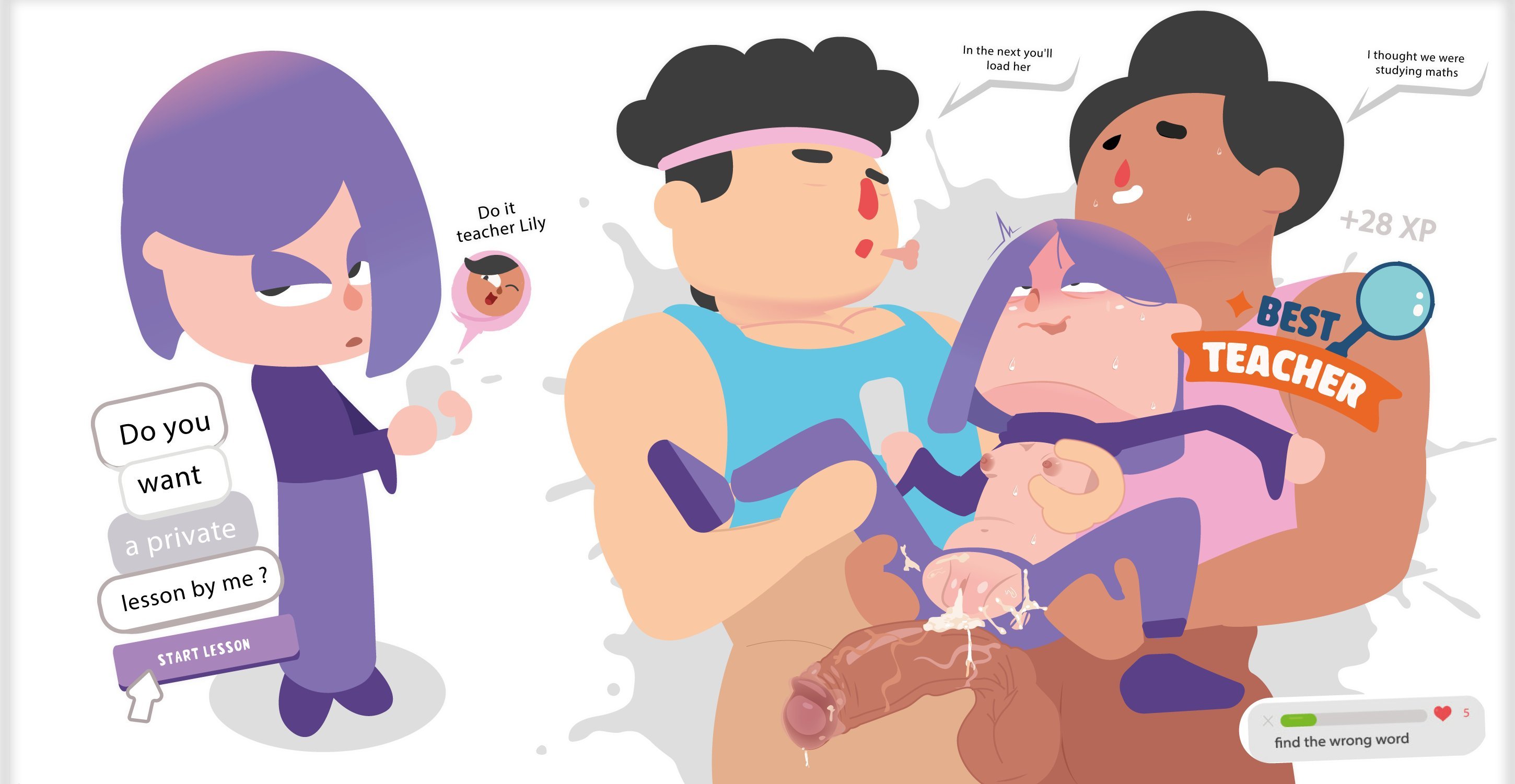 1girls, 2boys, accurate art style, after sex, black hair, blush, boobs, breasts, clothed, clothing, creampie, cum, cum in pussy, cum inside, cum leaking, cum overflow, dark skin, dark-skinned male, dialogue, double penetration, duolingo, english text, fat cock, female, gosgoz, headband, hijab, large penis, lily (duolingo), makeup, male, muslim, nipples, no outlines, official style, on model, penis, plump labia, purple hair, pussy, ripped clothing, shoes, small breasts, straight, sweat, sweatdrop, sweater lift, text, texting, thick cum, thick penis, zari (duolingo)