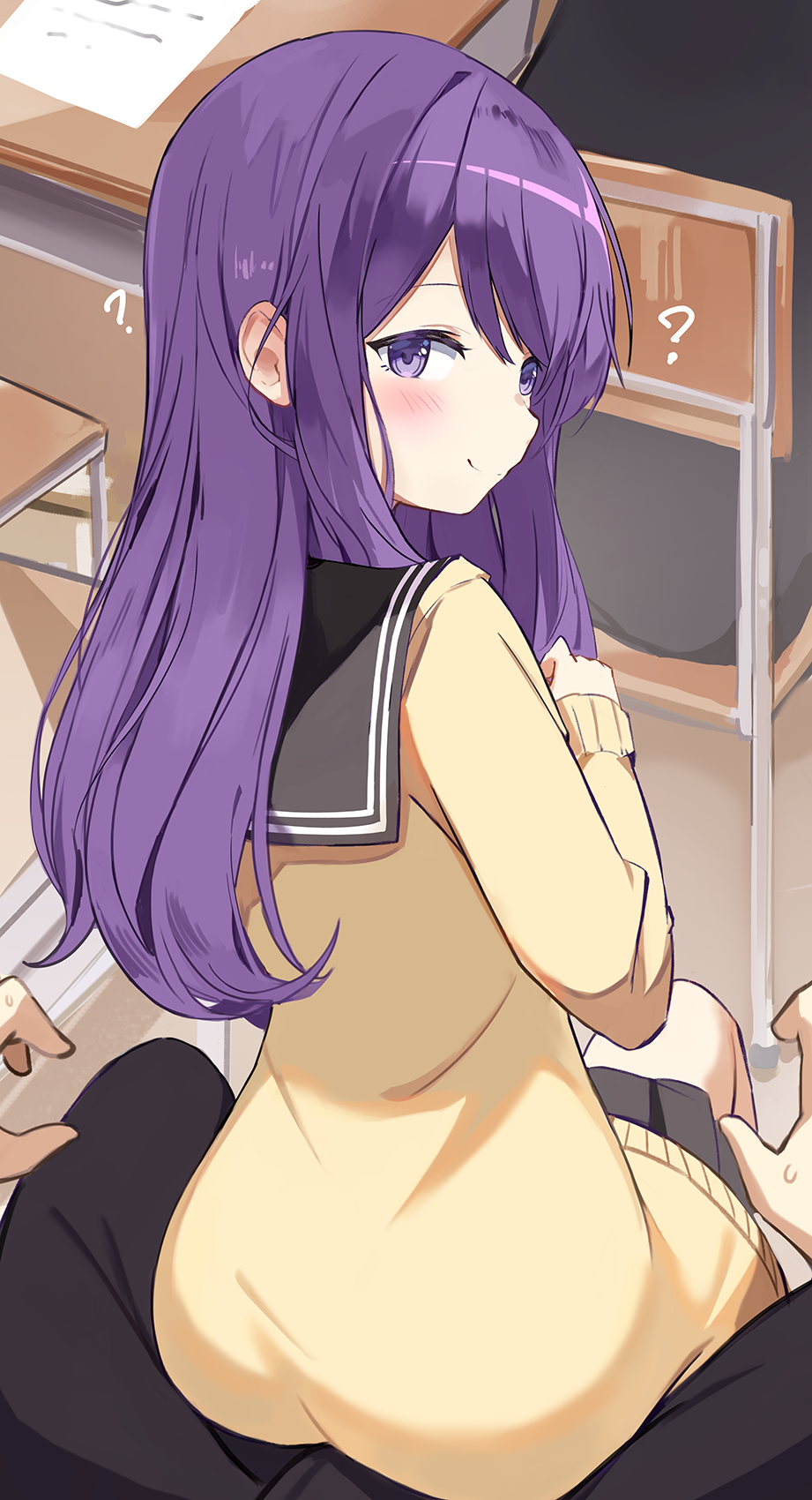 1boy 2023 ? ass bangs black_sailor_collar black_skirt canon_couple cardigan classroom desk female from_behind highres kubo-san_wa_mob_wo_yurusanai kubo_nagisa long_hair looking_at_viewer looking_back orobou pine_jam pleated_skirt pov profile purple_eyes purple_hair sailor_collar school school_desk school_uniform school_uniform_(haruka_north_high_school) serafuku shiraishi_junta sitting sitting_on_lap skirt smile yellow_cardigan young_jump