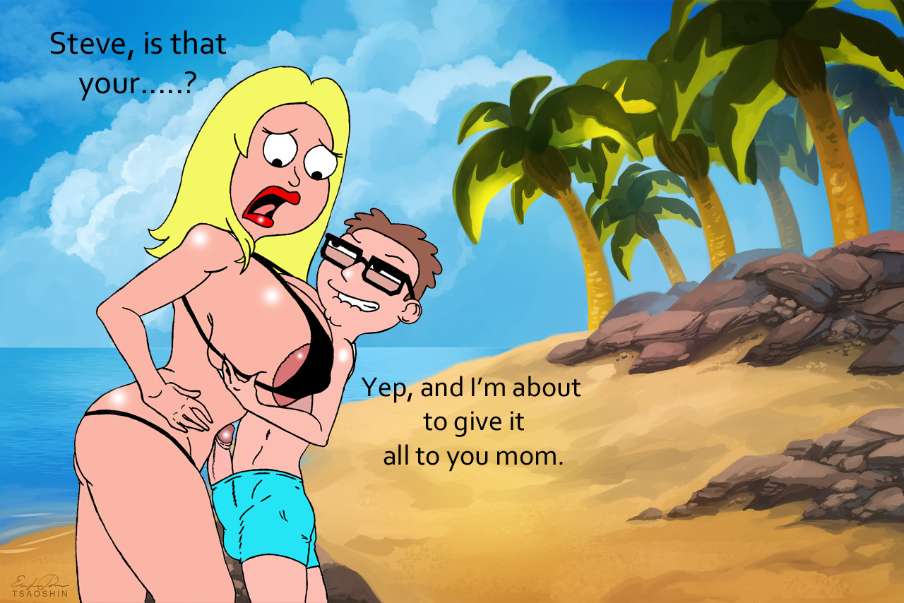 american dad, beach background, breasts, female, francine smith, huge breasts, imminent incest, incest, milf, mother and child, mother and son, sbb, size difference, steve smith