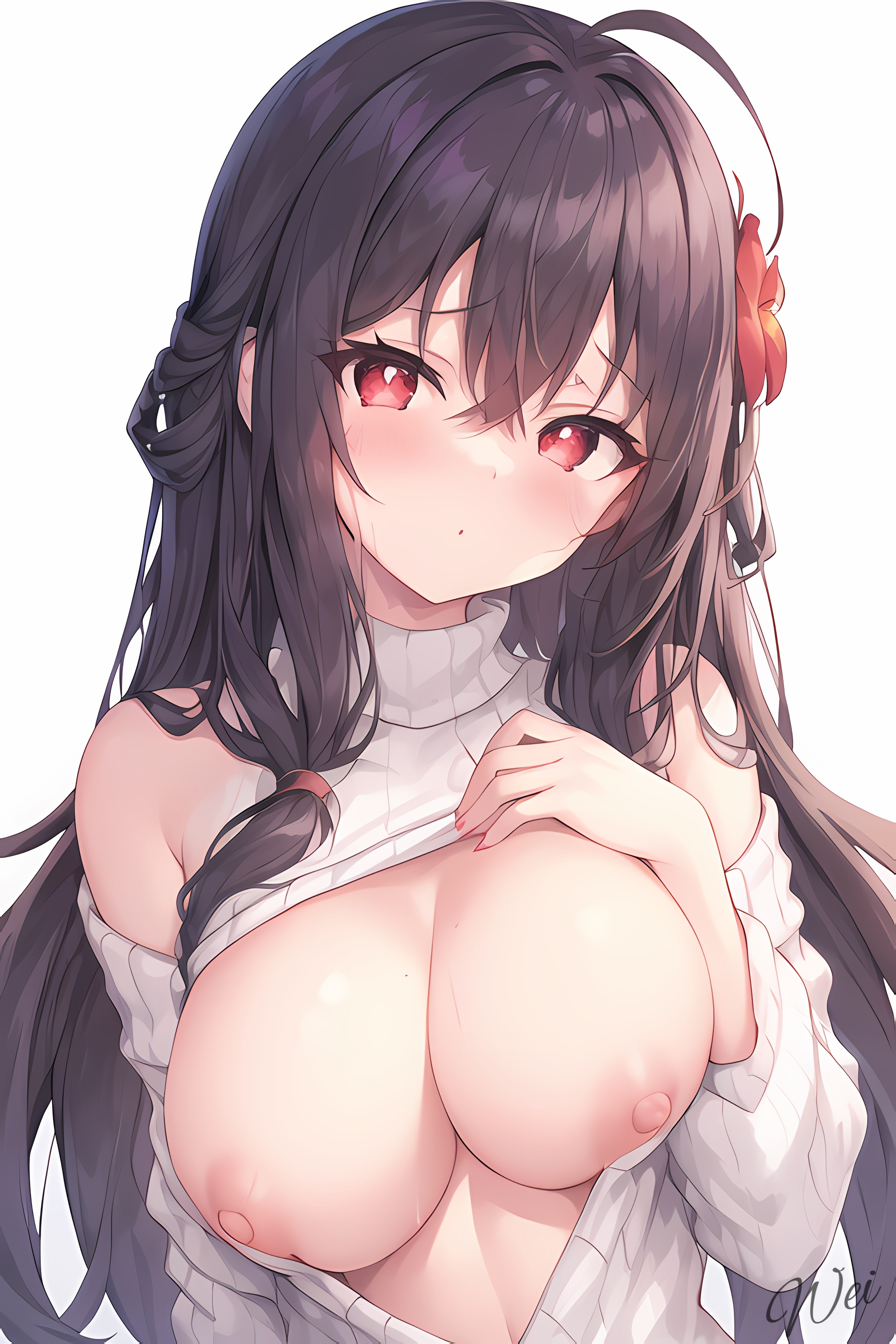 1girls, ai generated, alternate costume, alternate hairstyle, areolae, bangs, big breasts, blush, breasts, bright pupils, brown hair, exposed breasts, expressionless, female, female focus, female only, genshin impact, hu tao (genshin impact), huge breasts, large breasts, light skin, light-skinned female, long hair, looking at viewer, nai diffusion, nipples, nude, nude female, partially clothed, pink nipples, red eyes, ribbed sweater, simple background, solo, solo female, solo focus, stable diffusion, sweater, upper body, white background, white sweater