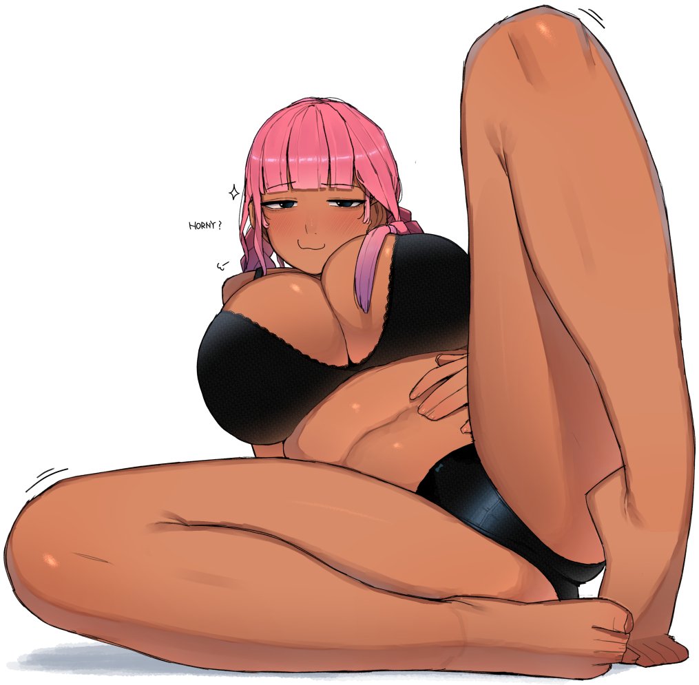 1girls, big breasts, black underwear, bra, breasts, cleavage, cute, enormous breasts, female, huge breasts, looking at viewer, massive breasts, ohasi, original, original character, pink (ohasi), pink hair, smile, smiling at viewer, tanned skin, thick thighs