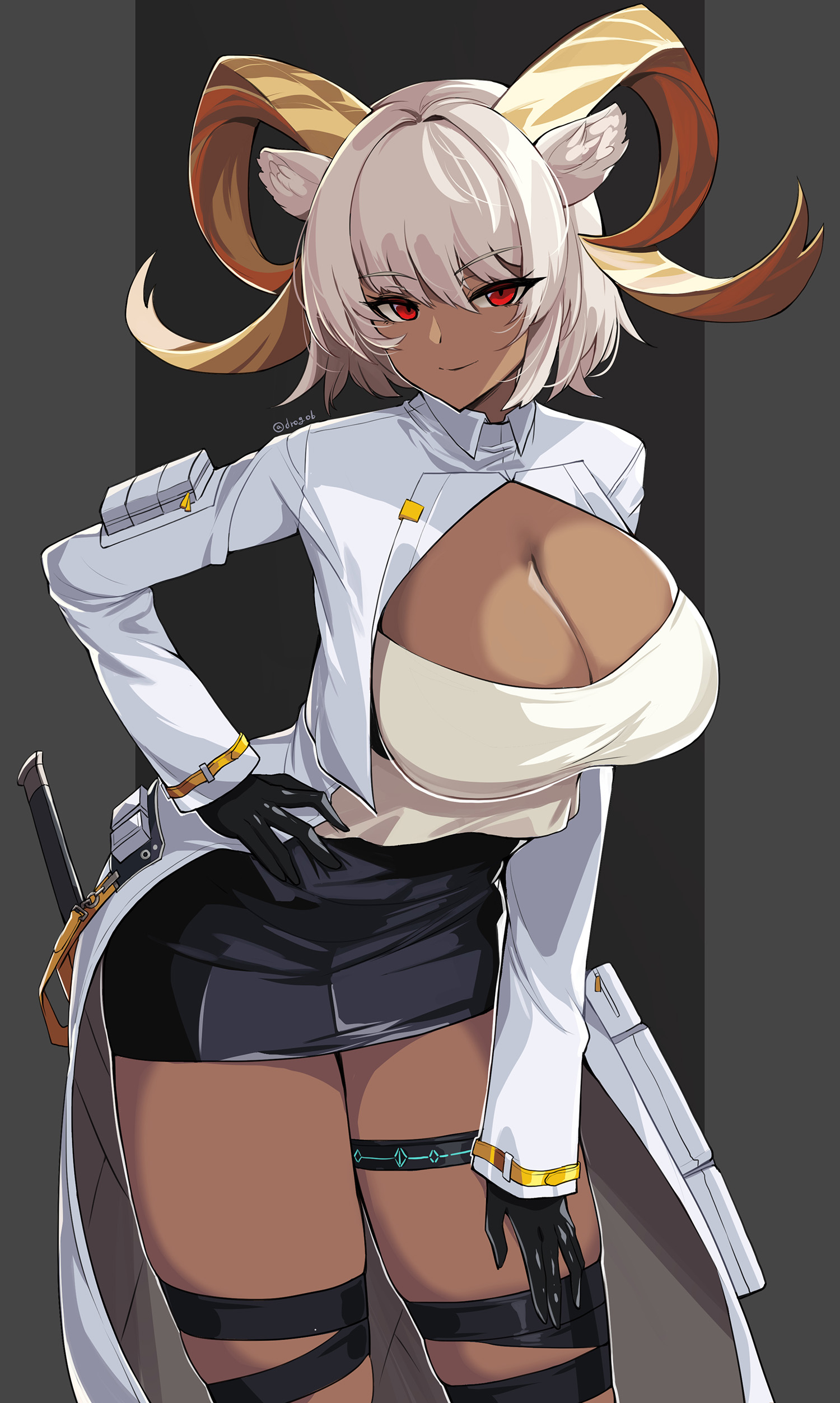 :), 1girls, 2023, animal ear fluff, animal ears, arknights, big breasts, big thighs, breasts, busty, carnelian (arknights), cleavage, clothed, clothed female, clothes, coat, curvaceous, curvy, cute, dark skin, dark-skinned female, dem legs, drogod (artist), enormous breasts, female, female only, fluffy ears, giant breasts, gigantic breasts, gloves, goat ears, goat girl, goat horns, hand on breast, hand on hip, hand on thigh, hips, horned female, horned humanoid, horns, huge breasts, huge thighs, hyper breasts, infection monitor (arknights), large breasts, large thighs, legband, legs, long sleeves, looking at viewer, massive breasts, massive thighs, miniskirt, naughty face, naughty smile, posing, red eyes, seductive, seductive eyes, seductive gaze, seductive look, seductive pose, seductive smile, short hair, skirt, smile, smug, solo, solo female, tagme, tank top, thick legs, thick thighs, thigh strap, thighs, voluptuous, waist, wasp waist, white hair, wide hips, wide thighs