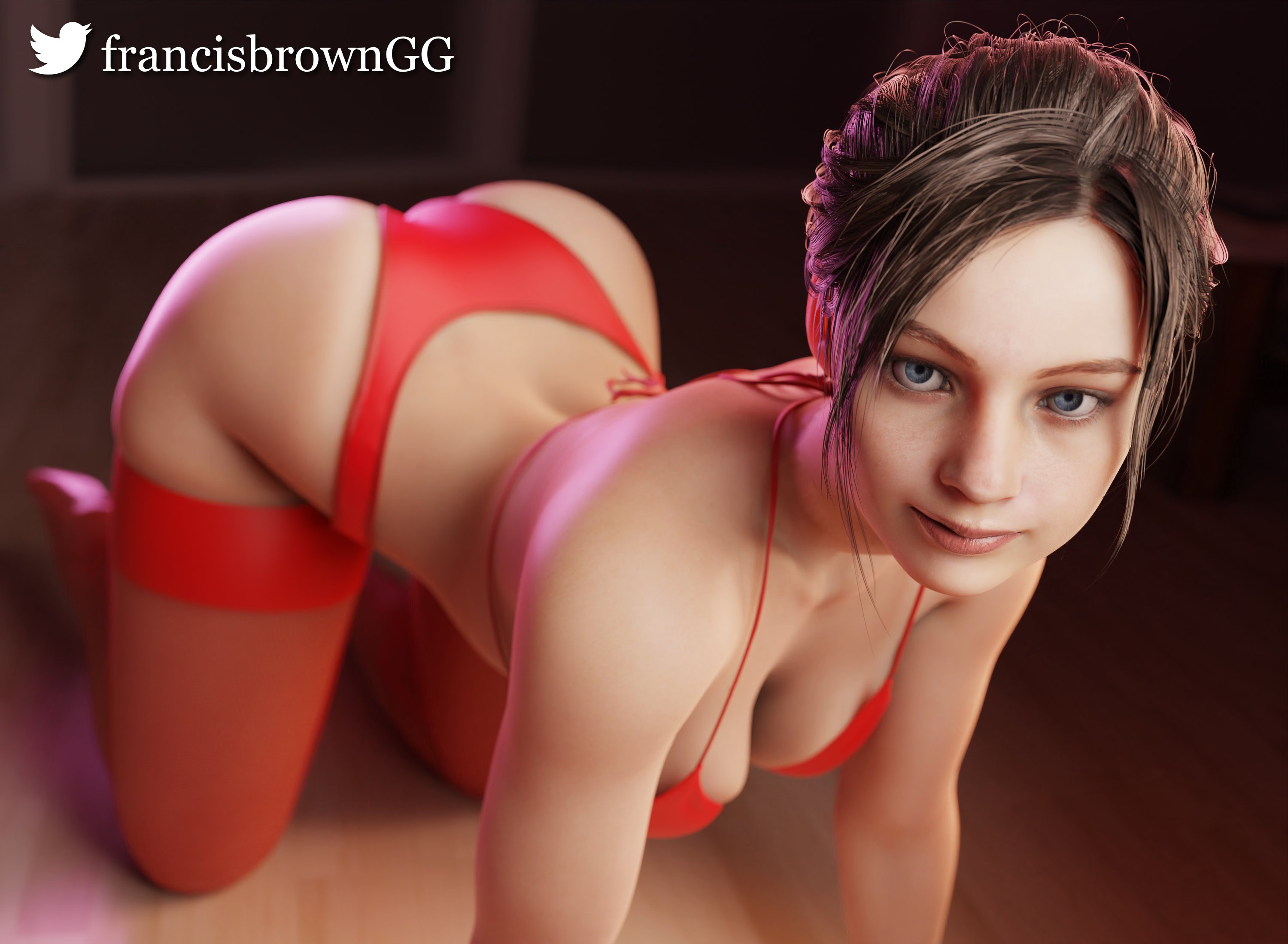 1girls, 3d, alternate version at source, alternate version available, blue eyes, bra, breasts, brown hair, capcom, claire redfield, claire redfield (jordan mcewen), female, female focus, female only, francis brown, light skin, light-skinned female, lingerie, panties, red lingerie, resident evil, resident evil 2, resident evil 2 remake, solo, solo female, solo focus, stockings