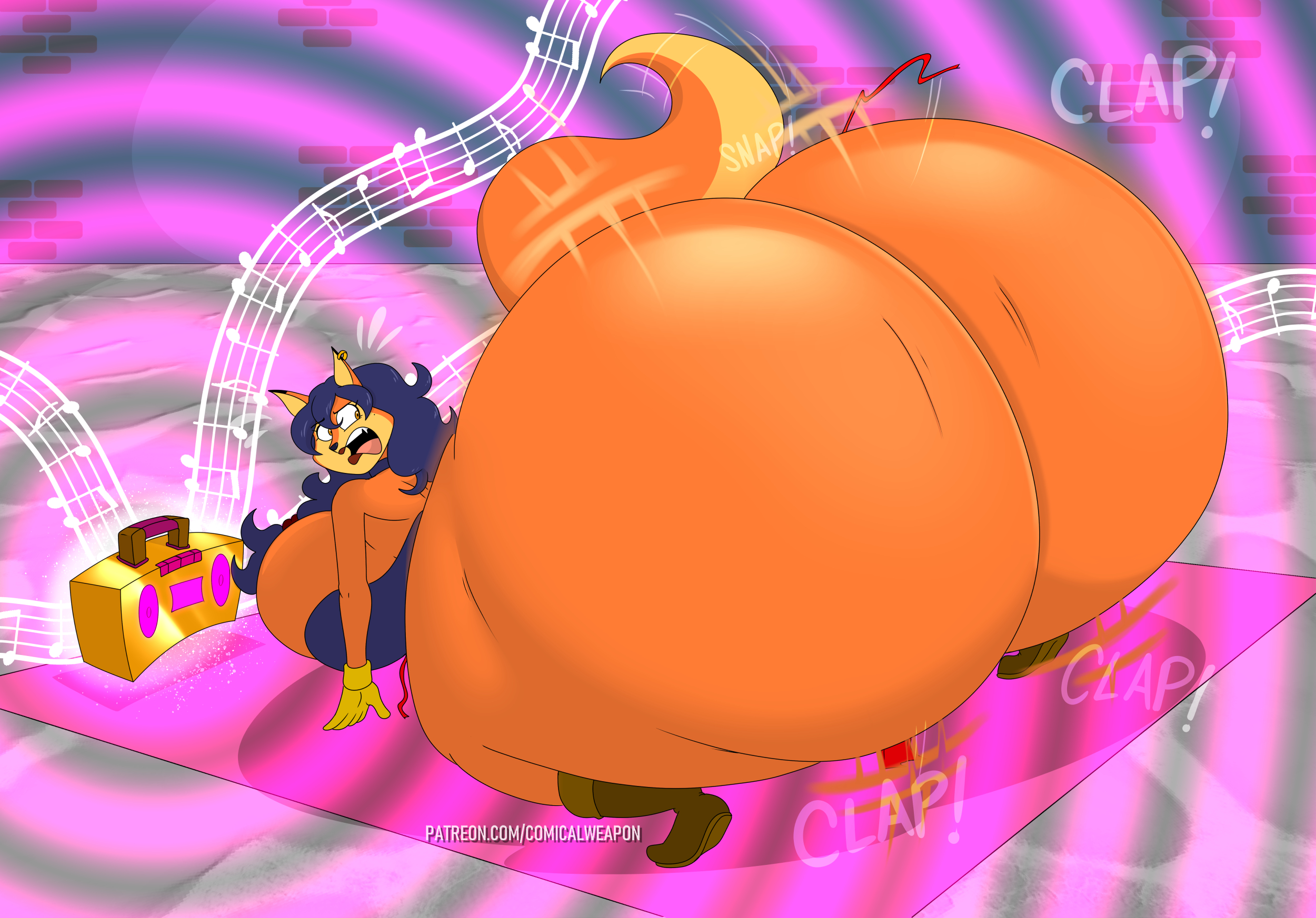 ass, ass bigger than body, ass bigger than breasts, ass expansion, badonkadonk, big ass, big butt, blue hair, body control, bouncing ass, breasts, butt expansion, carmelita fox, comical weapon, embarrassed, enormous ass, enormous butt, expansion, female, female only, fox, furry, gold boombox (prevence), hyper ass, hyper butt, sly cooper (series), thick ass, twerk hypnosis, twerking